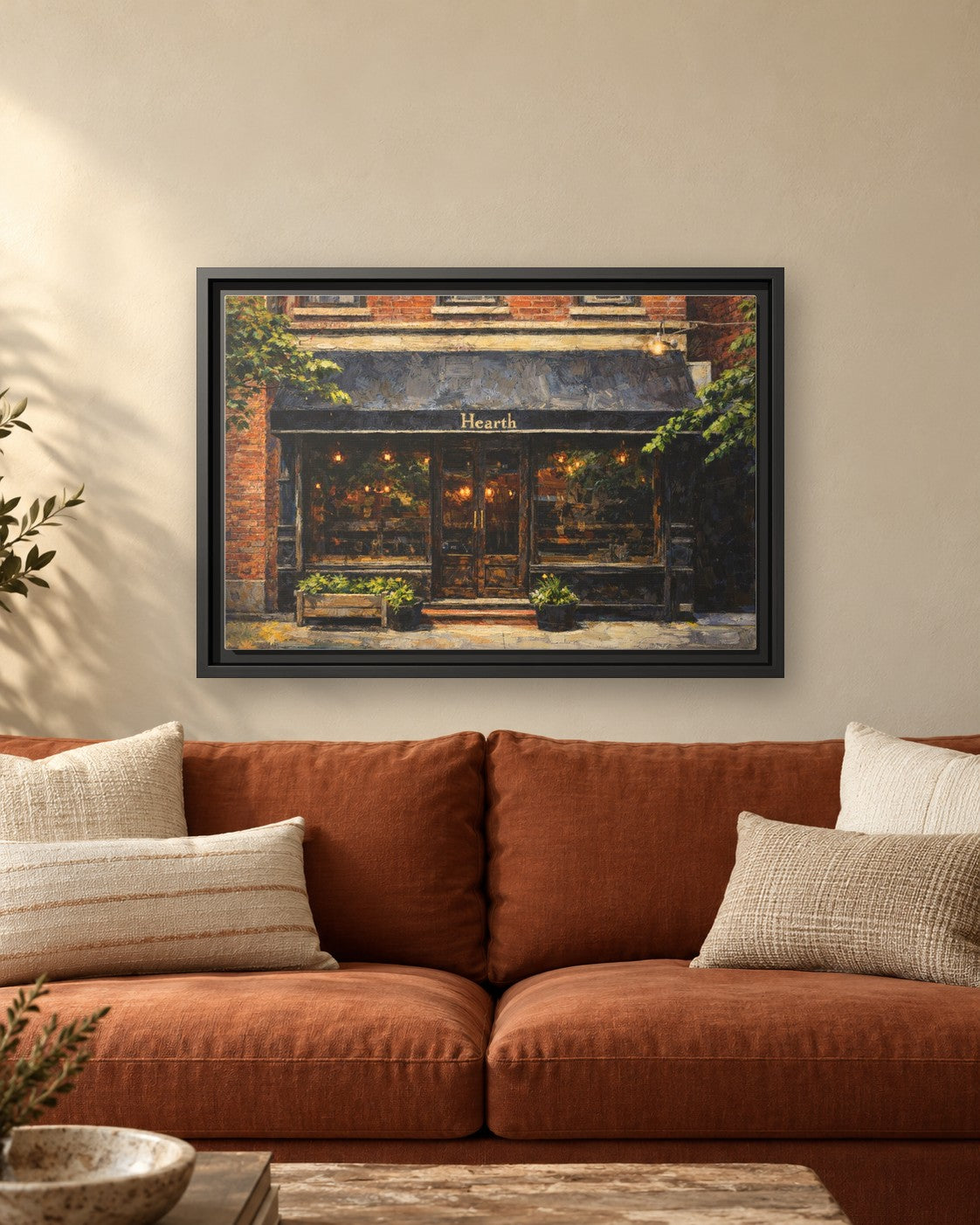 Hearth framed canvas print hanging above a sofa