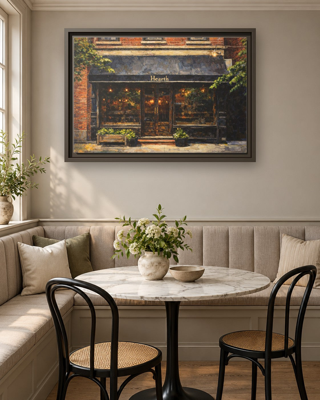Hearth framed canvas print in a breakfast nook