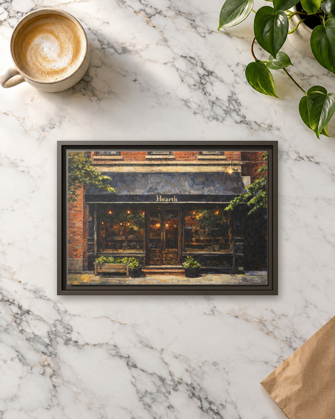 Hearth framed canvas print lying on a table