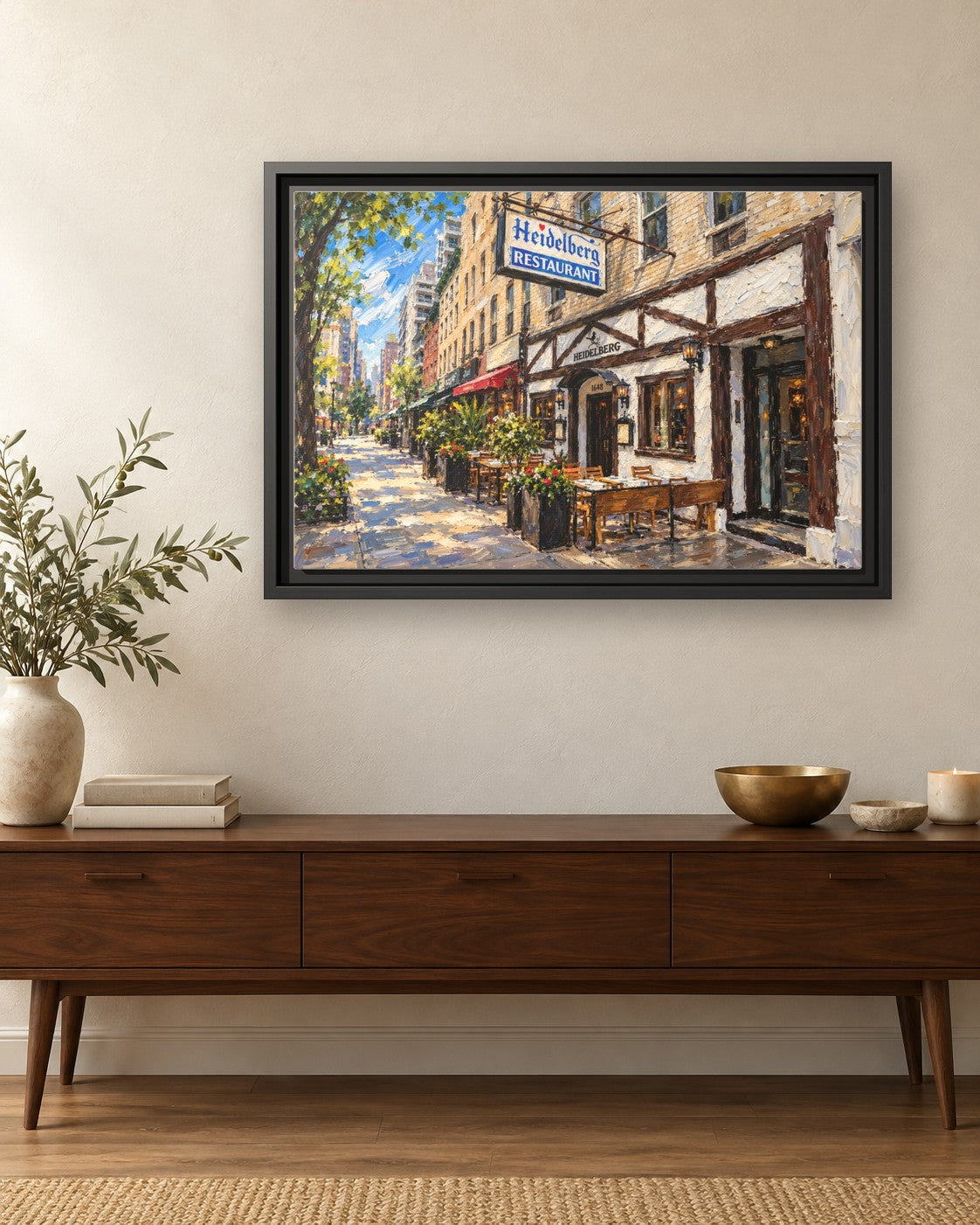 Heidelberg Restaurant framed canvas print hanging above a credenza