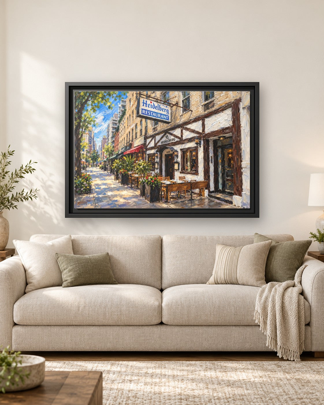 Heidelberg Restaurant framed canvas print hanging above a sofa