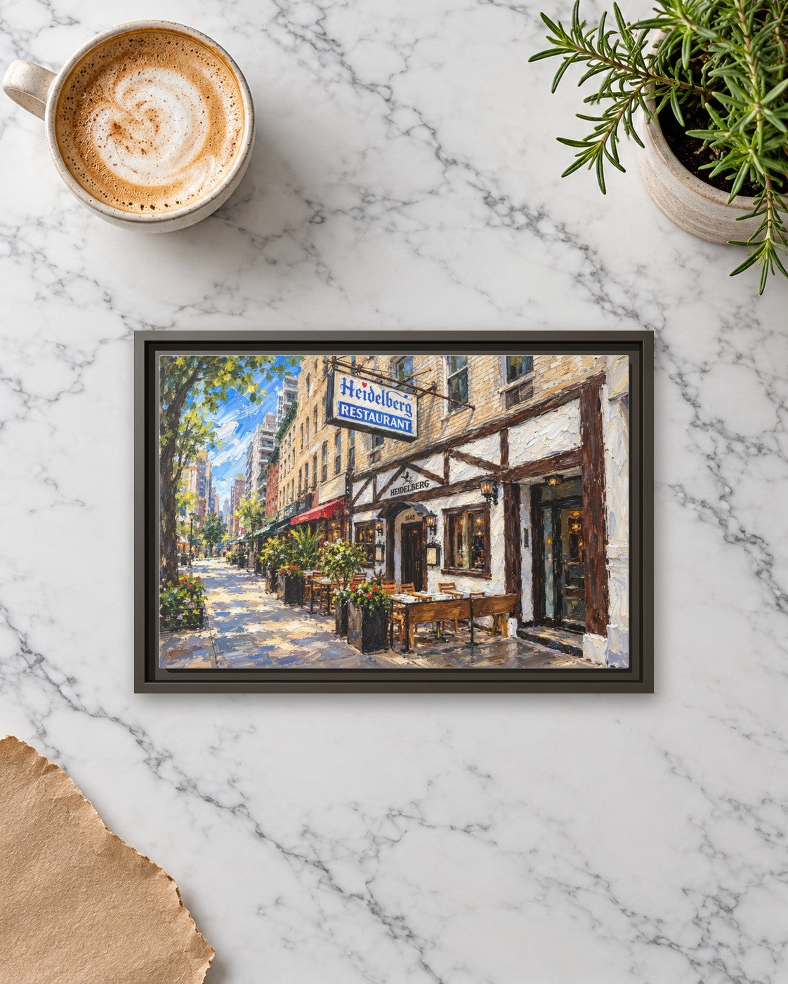 Heidelberg Restaurant framed canvas print lying on a table