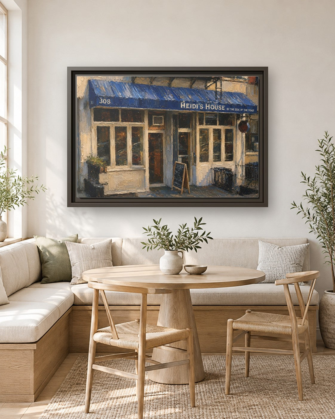 Heidi's House by the Side of the Road & Ed's Elbow Room framed canvas print in a breakfast nook
