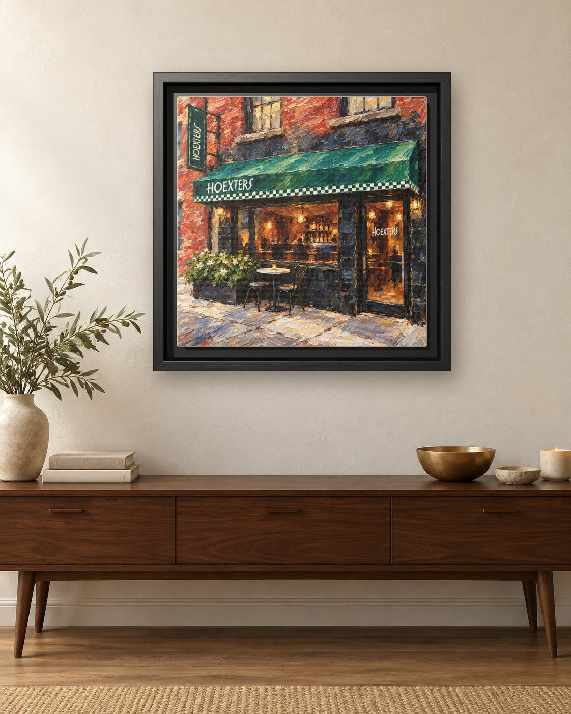 Hoexters framed canvas print hanging above a credenza
