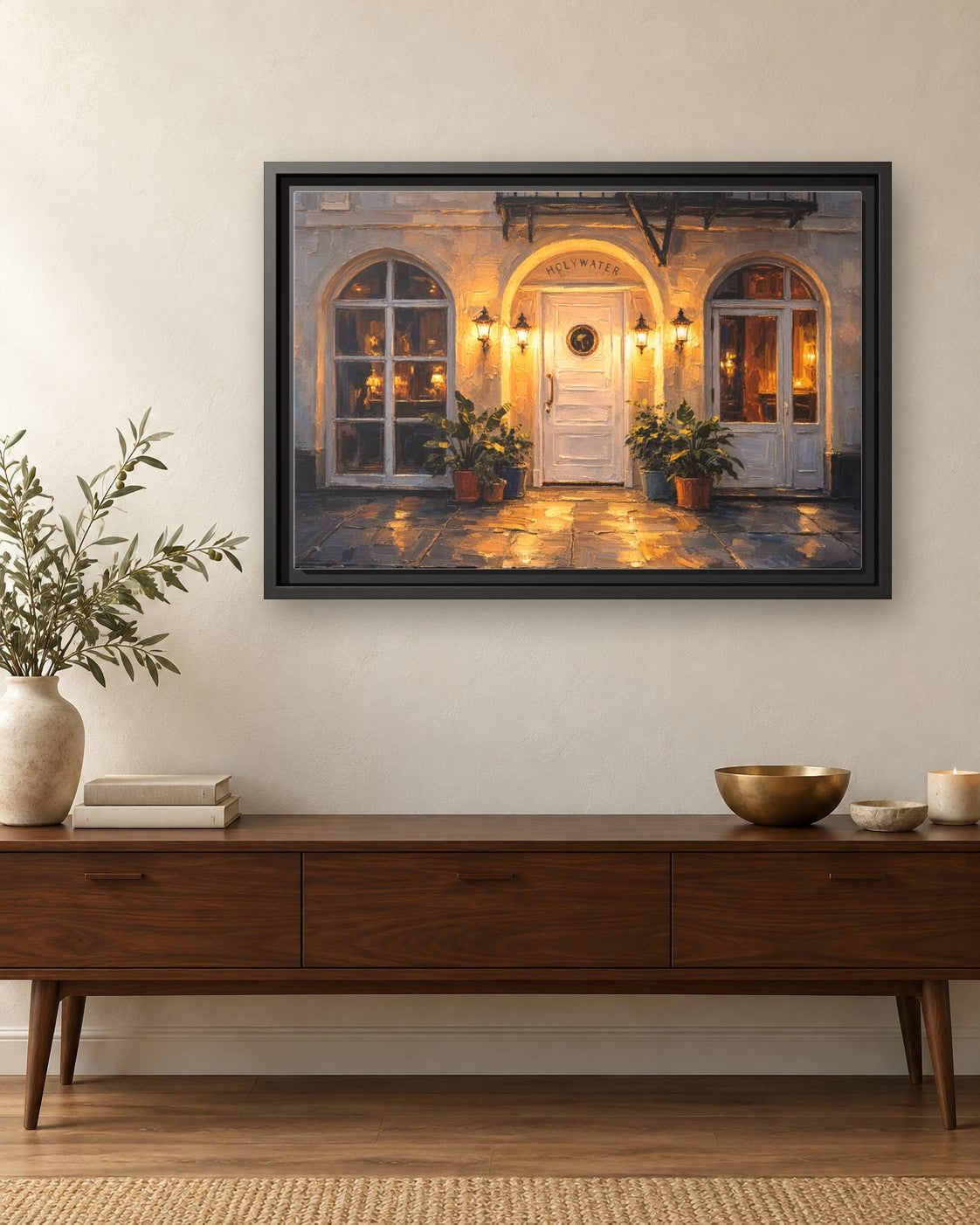 Holy Water framed canvas print hanging above a credenza
