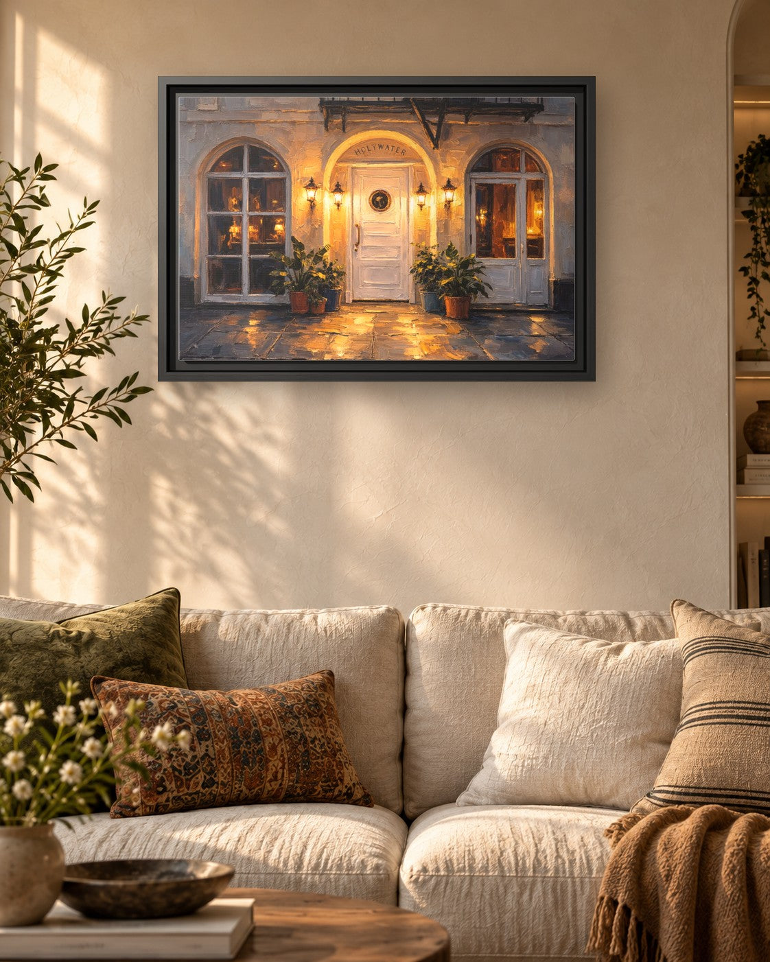 Holy Water framed canvas print hanging above a sofa