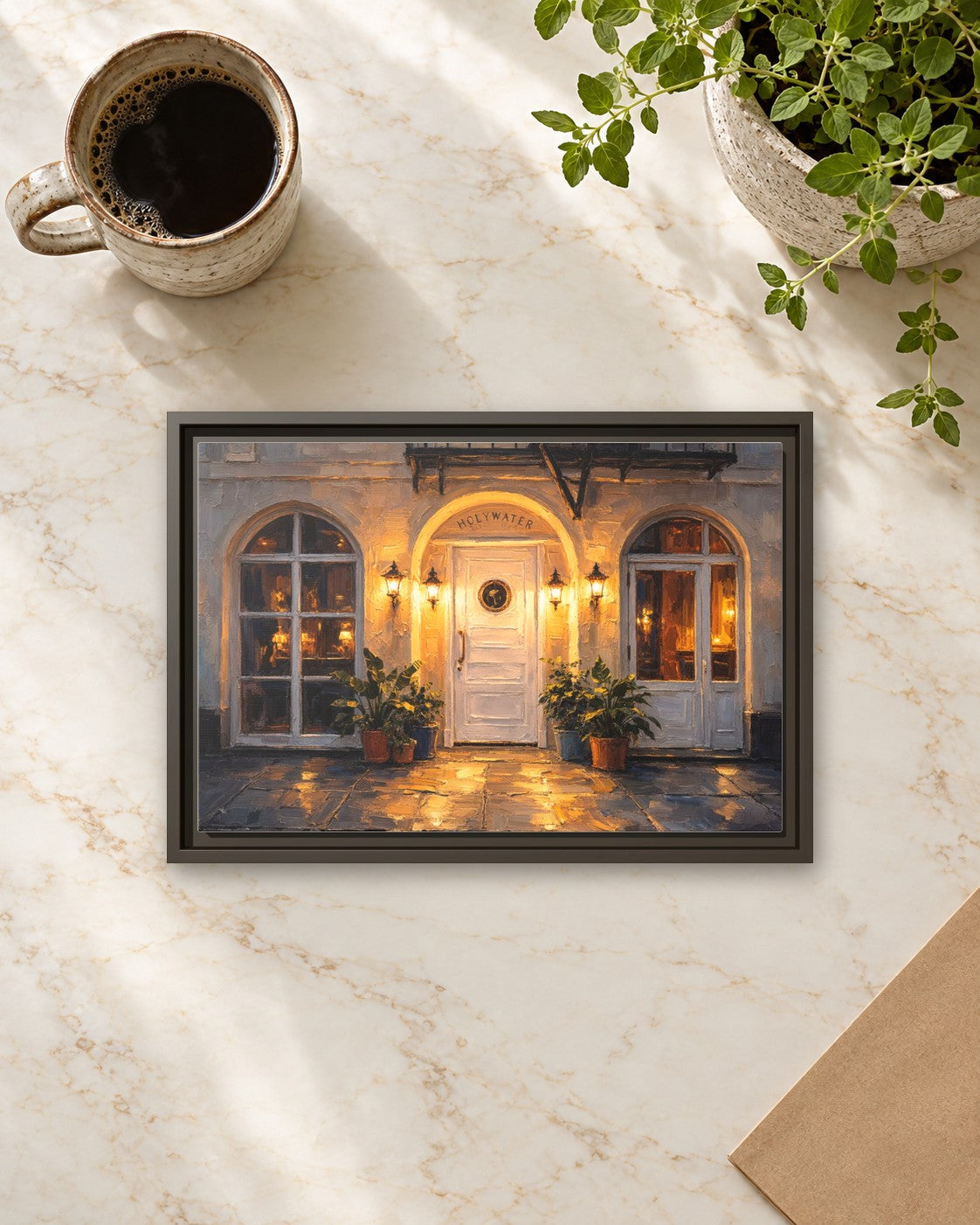 Holy Water framed canvas print lying on a table