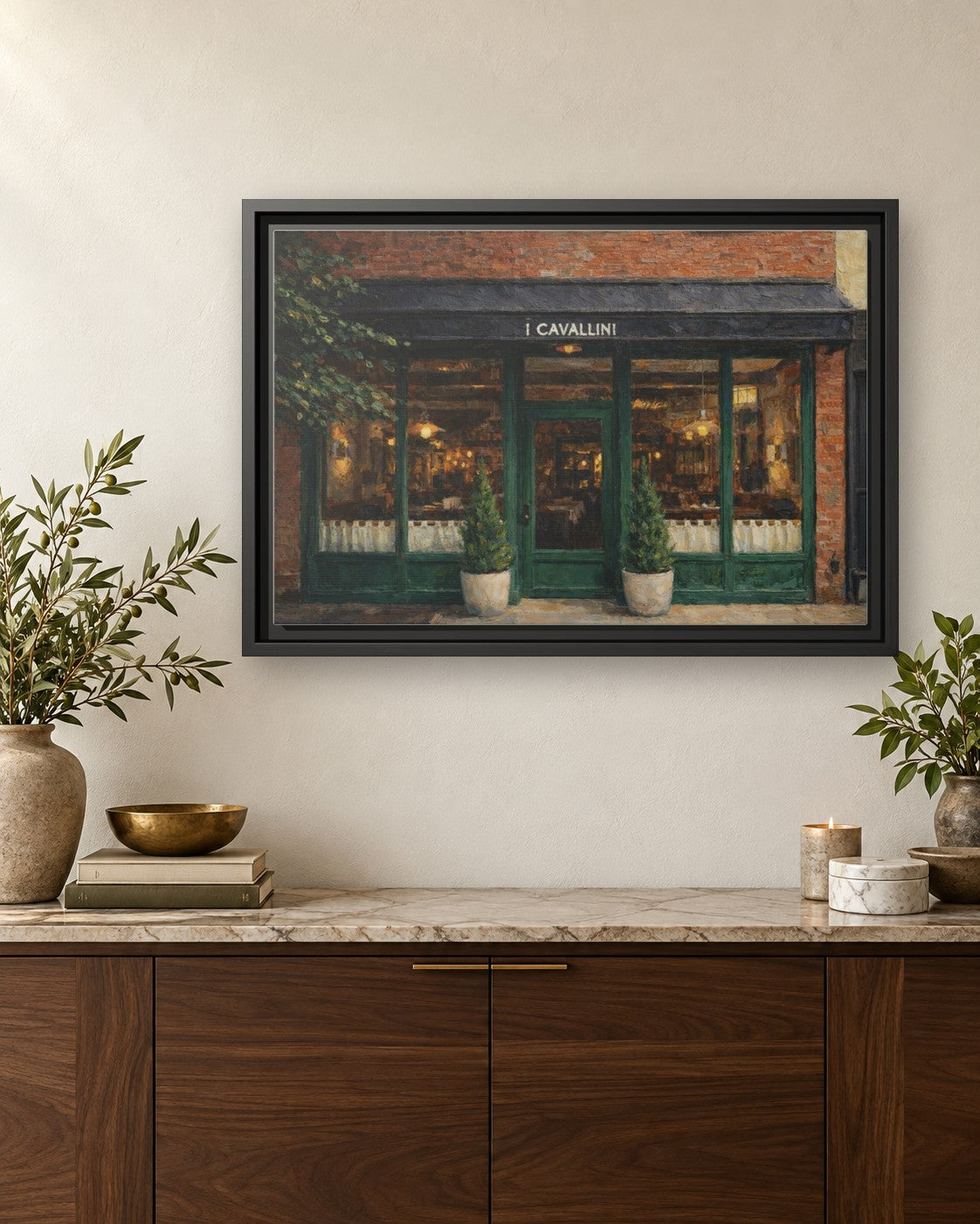 i Cavallini framed canvas print hanging above a credenza