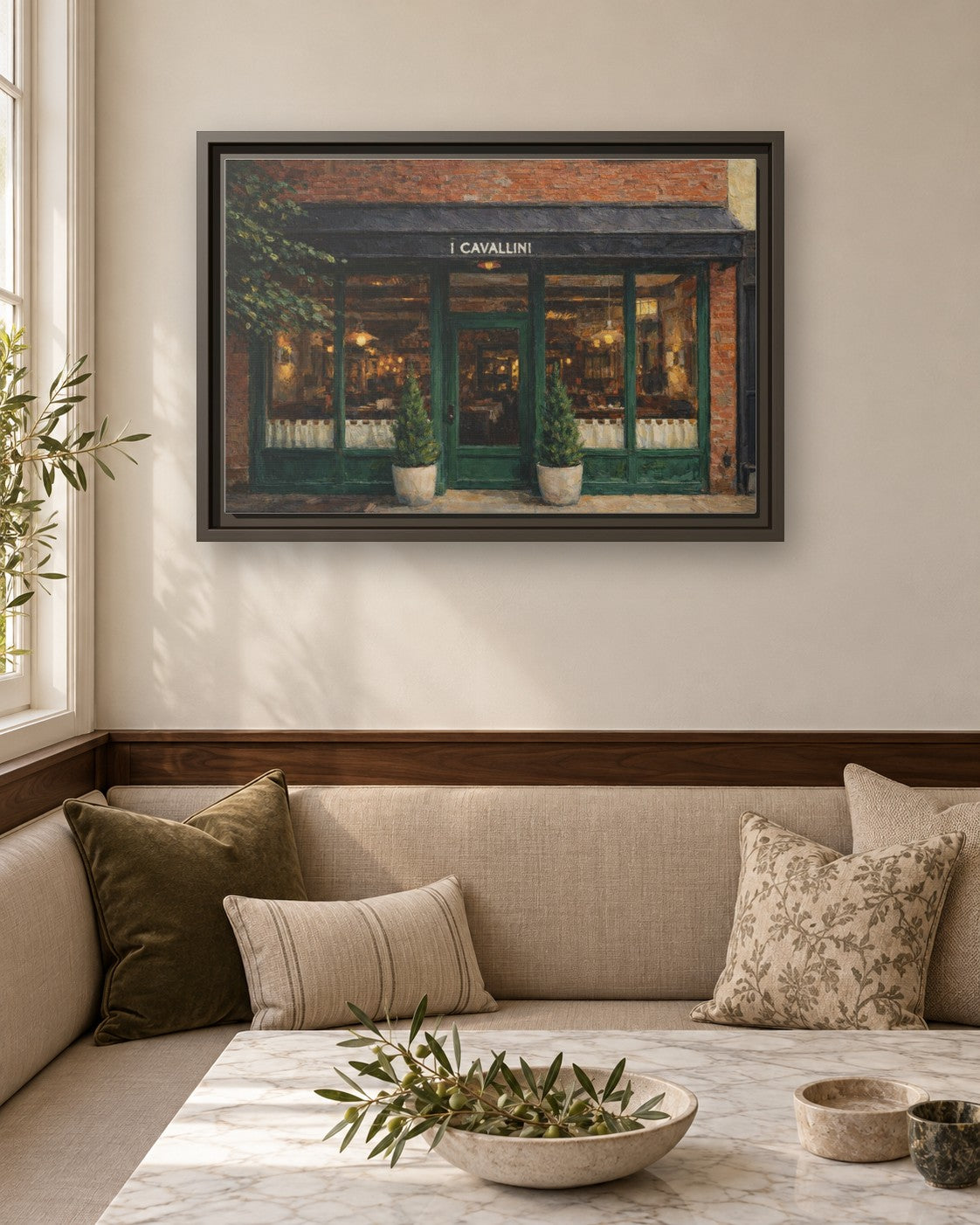 i Cavallini framed canvas print in a breakfast nook