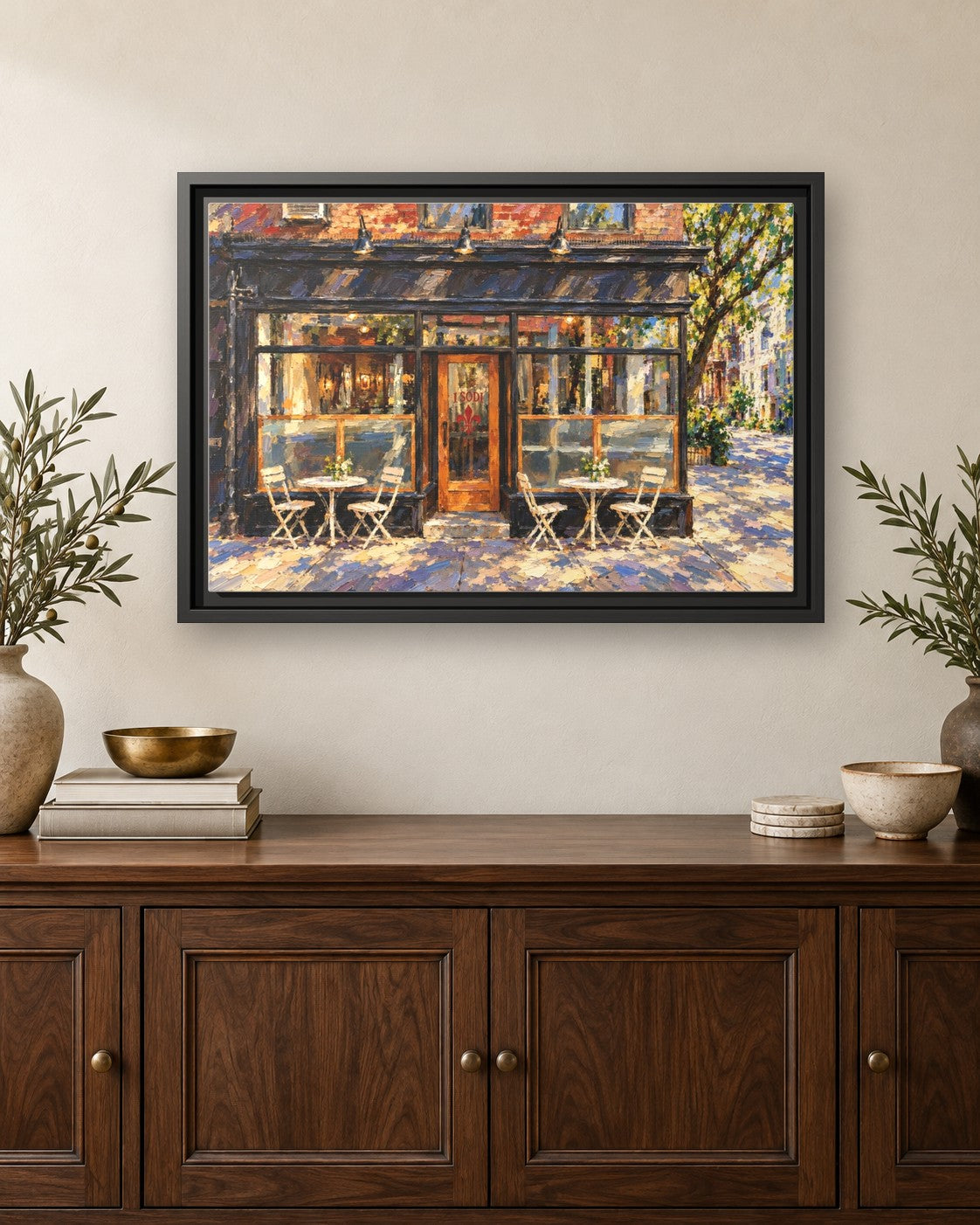 I Sodi framed canvas print hanging above a credenza