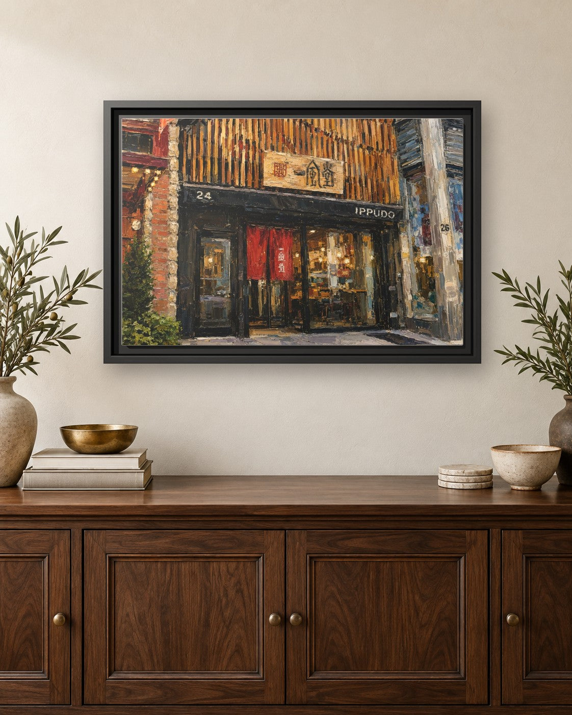 Ippudo framed canvas print hanging above a credenza
