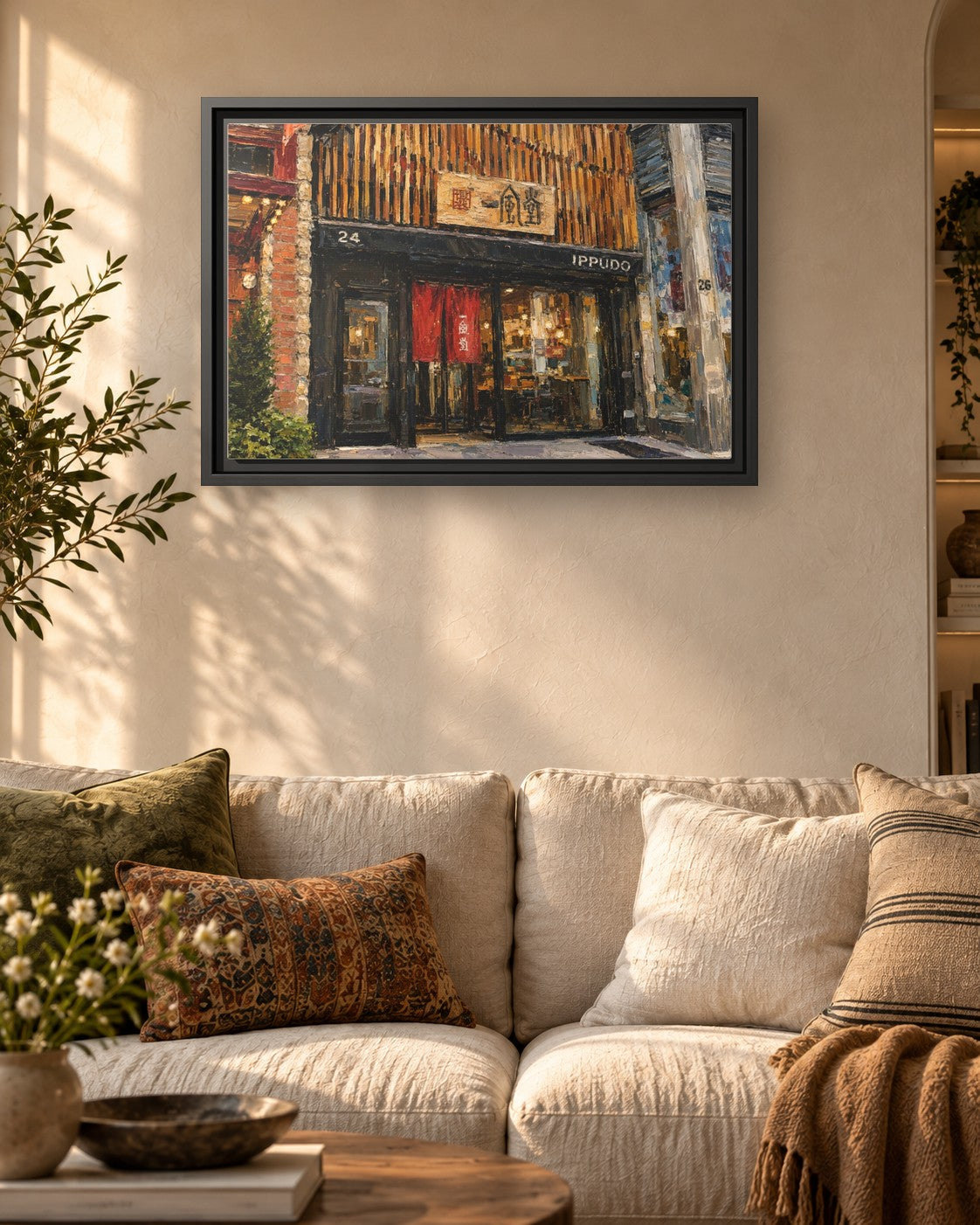 Ippudo framed canvas print hanging above a sofa