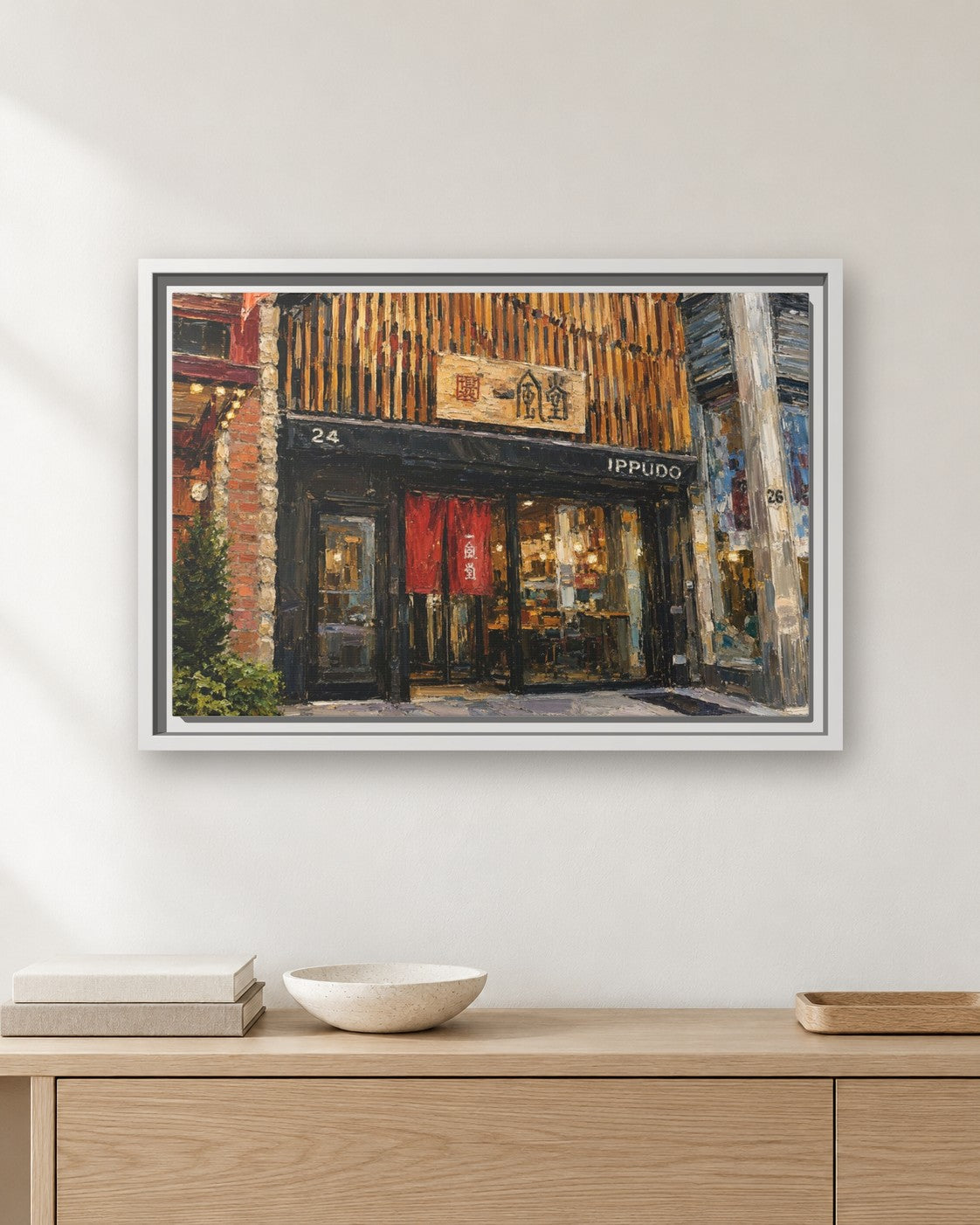 Ippudo framed canvas print hanging above a sideboard