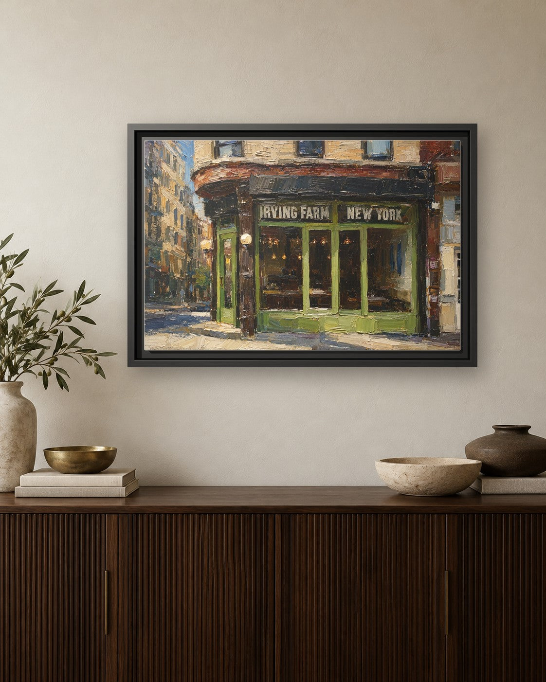 Irving Farm (Lower East Side) framed canvas print hanging above a credenza