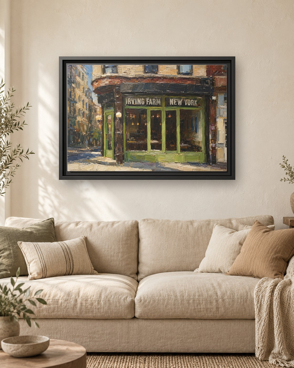 Irving Farm (Lower East Side) framed canvas print hanging above a sofa