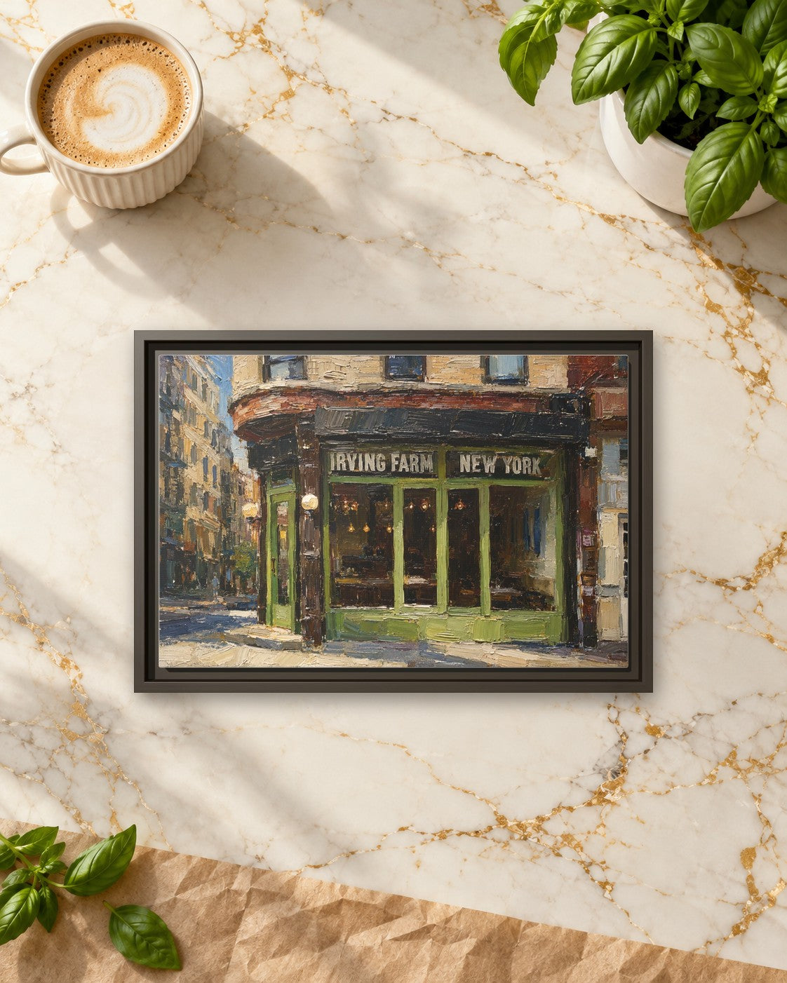 Irving Farm (Lower East Side) framed canvas print lying on a table