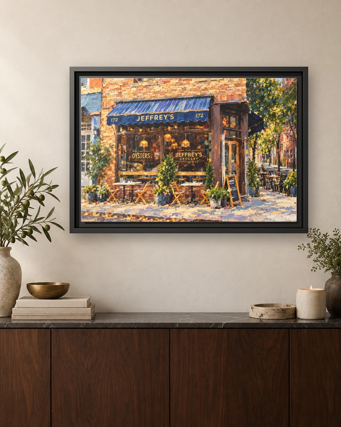 Jeffery's Grocery framed canvas print hanging above a credenza