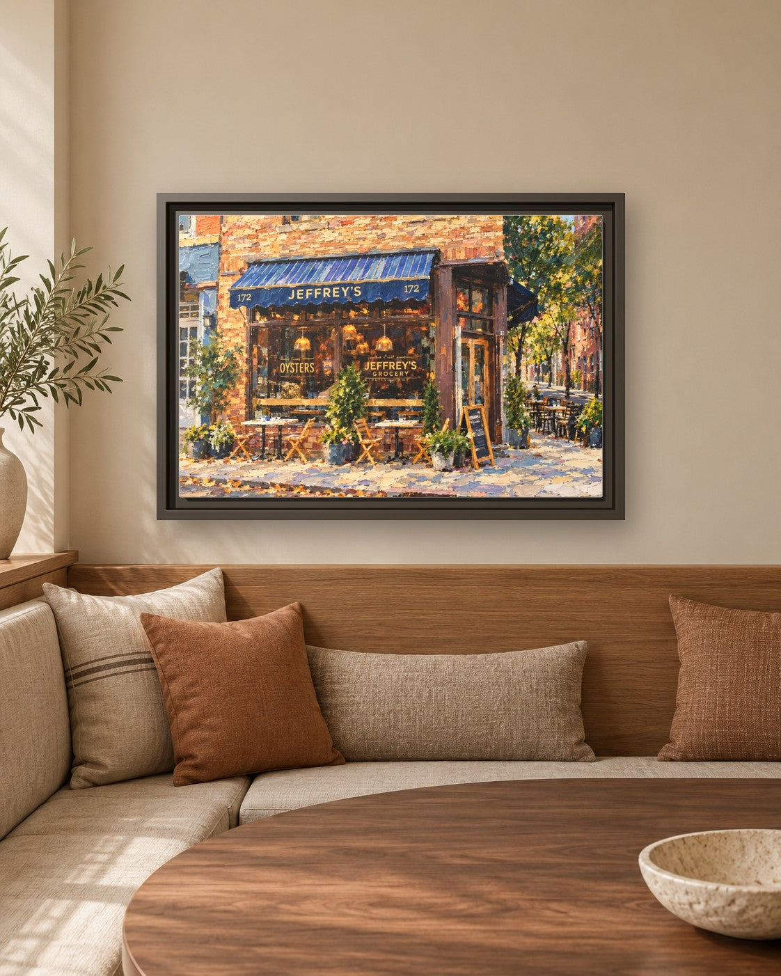 Jeffery's Grocery framed canvas print in a breakfast nook
