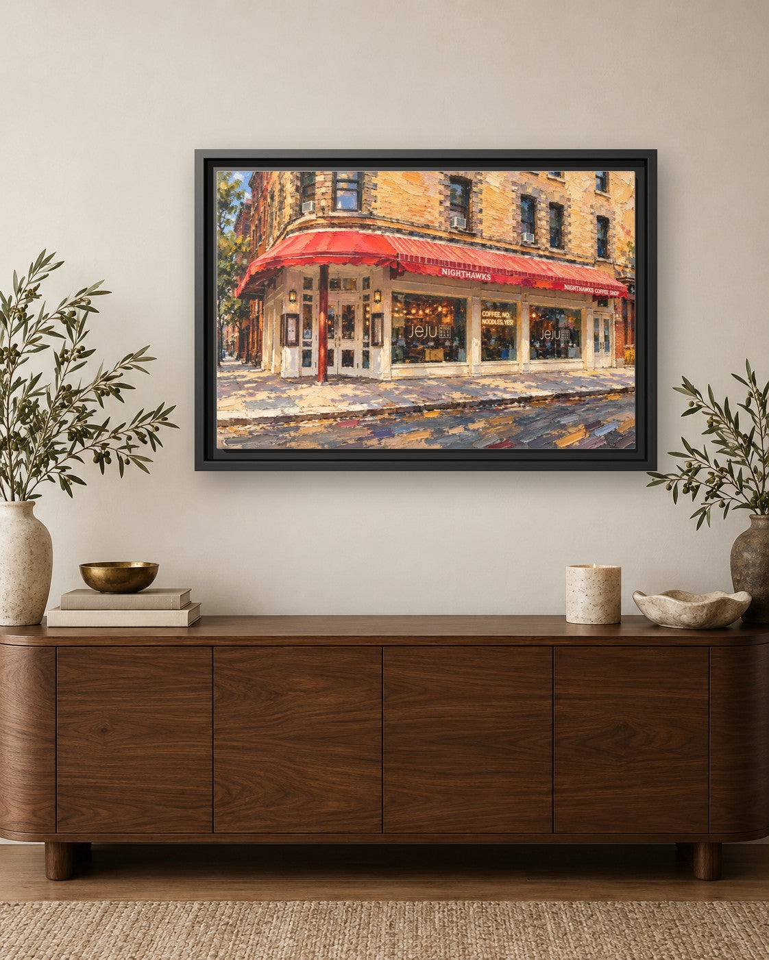 JeJu Noodle Bar framed canvas print hanging above a credenza