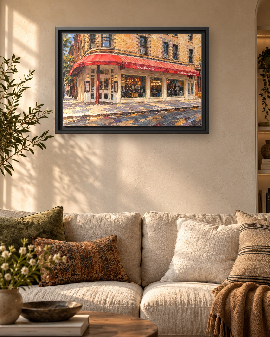 JeJu Noodle Bar framed canvas print hanging above a sofa