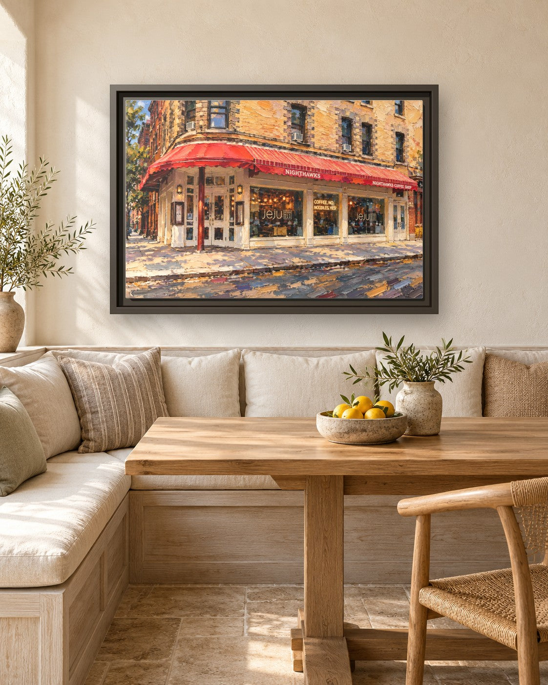JeJu Noodle Bar framed canvas print in a breakfast nook