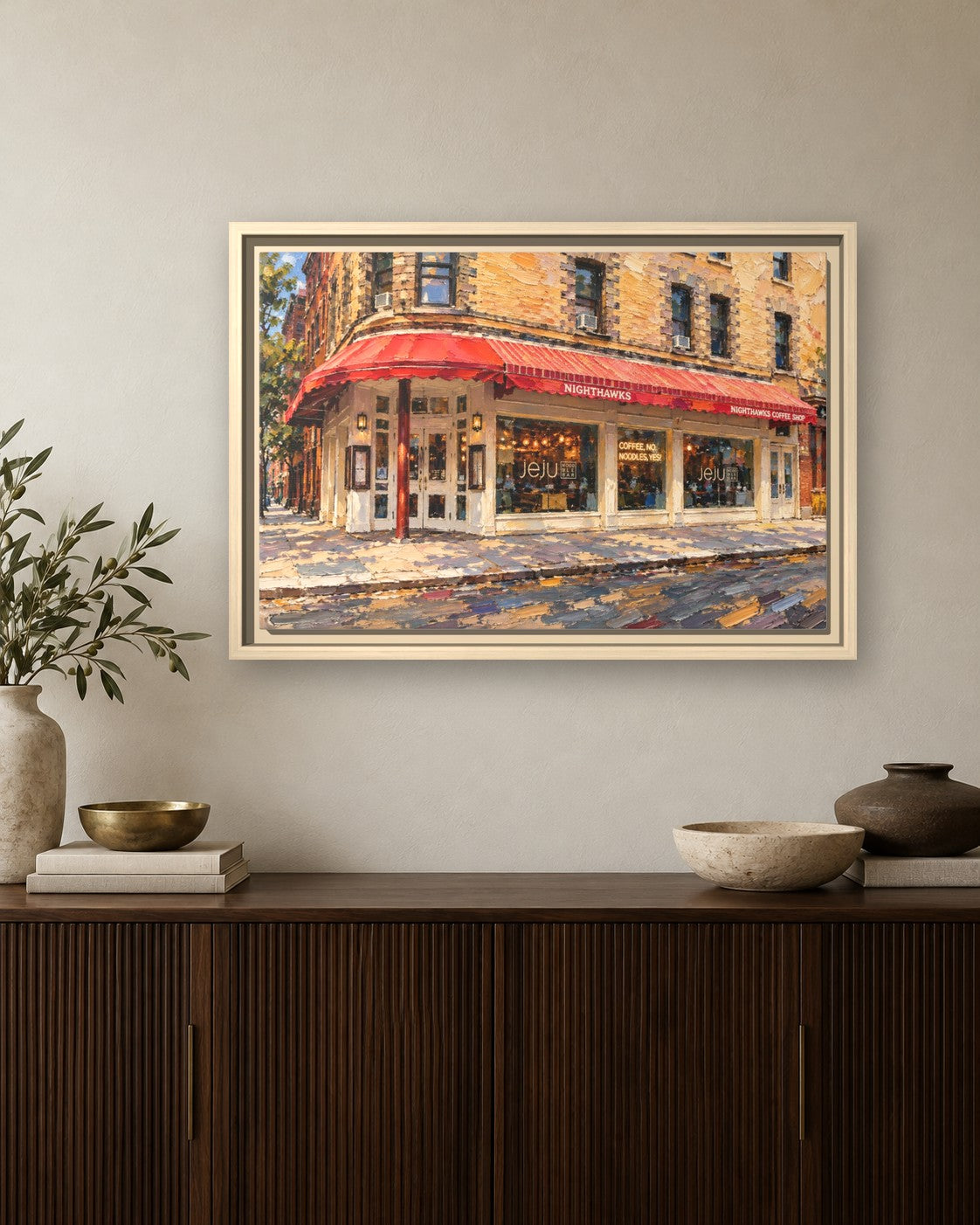 JeJu Noodle Bar framed canvas print hanging above a sideboard
