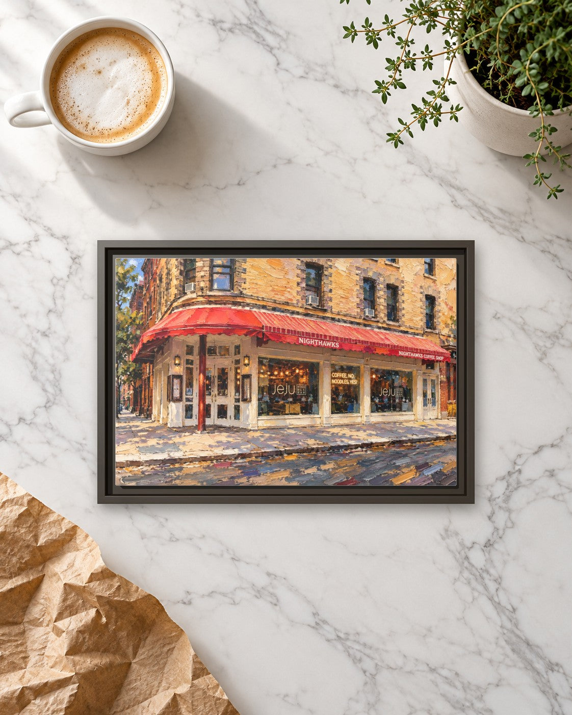 JeJu Noodle Bar framed canvas print lying on a table