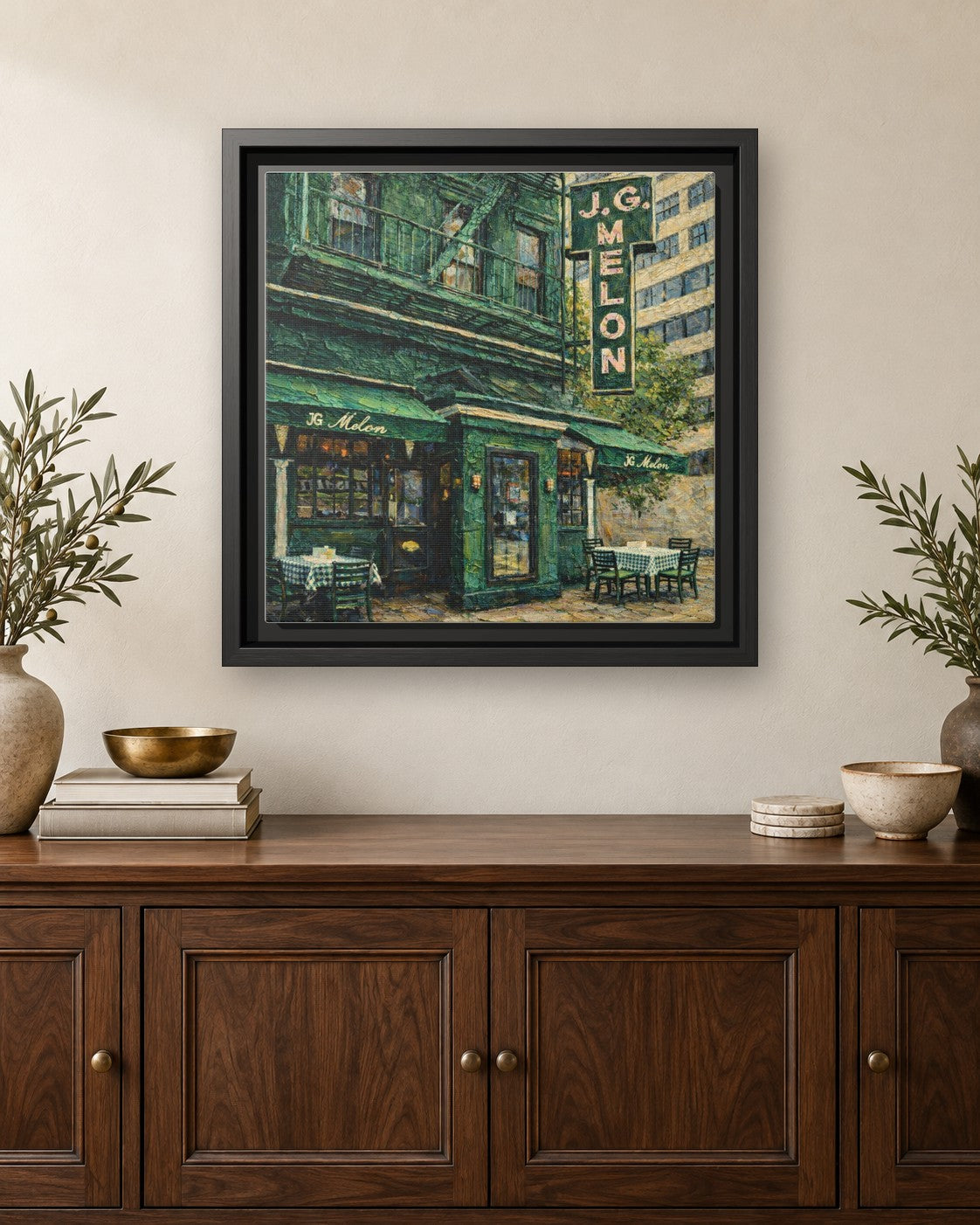JG Melon framed canvas print hanging above a credenza