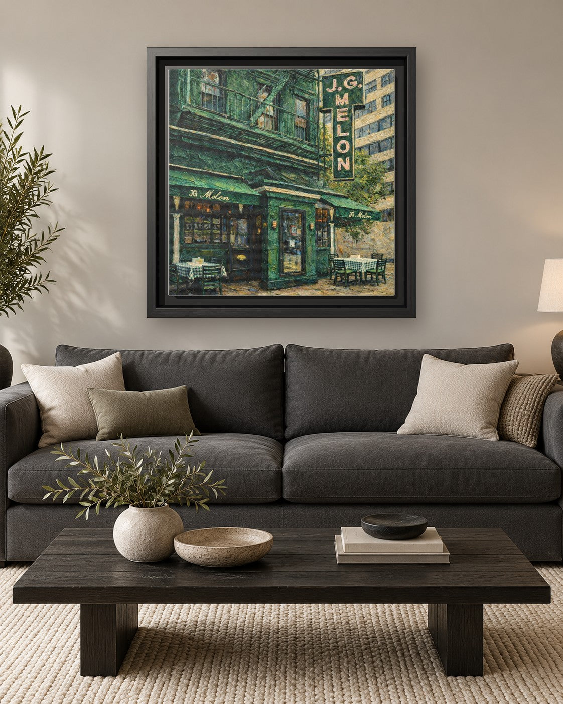 JG Melon framed canvas print hanging above a sofa
