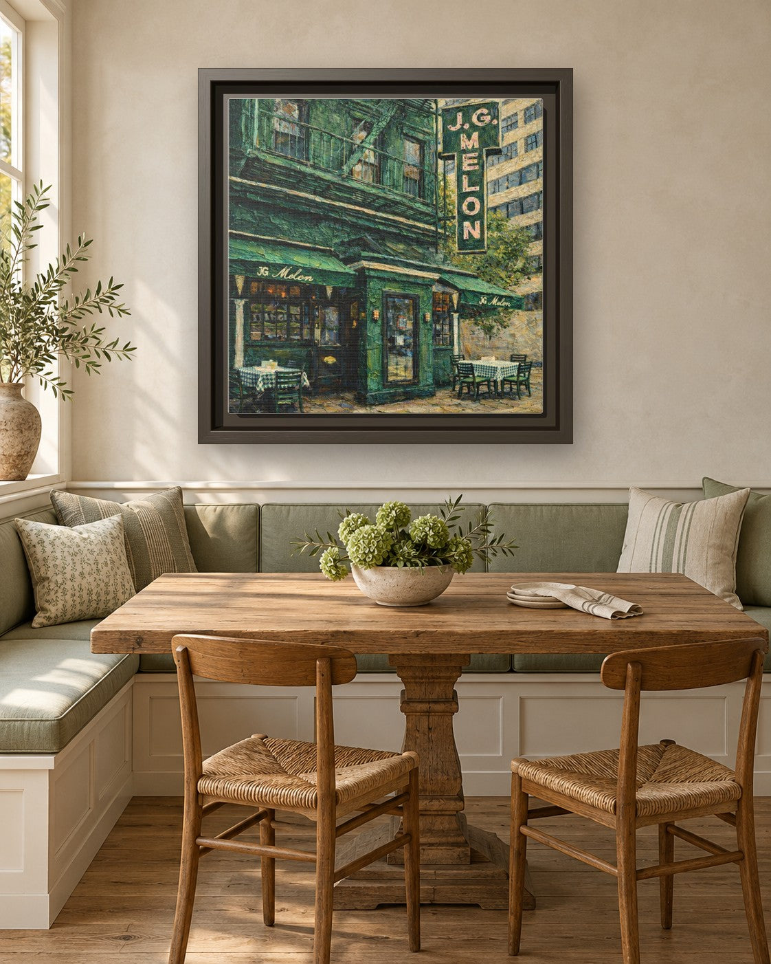 JG Melon framed canvas print in a breakfast nook