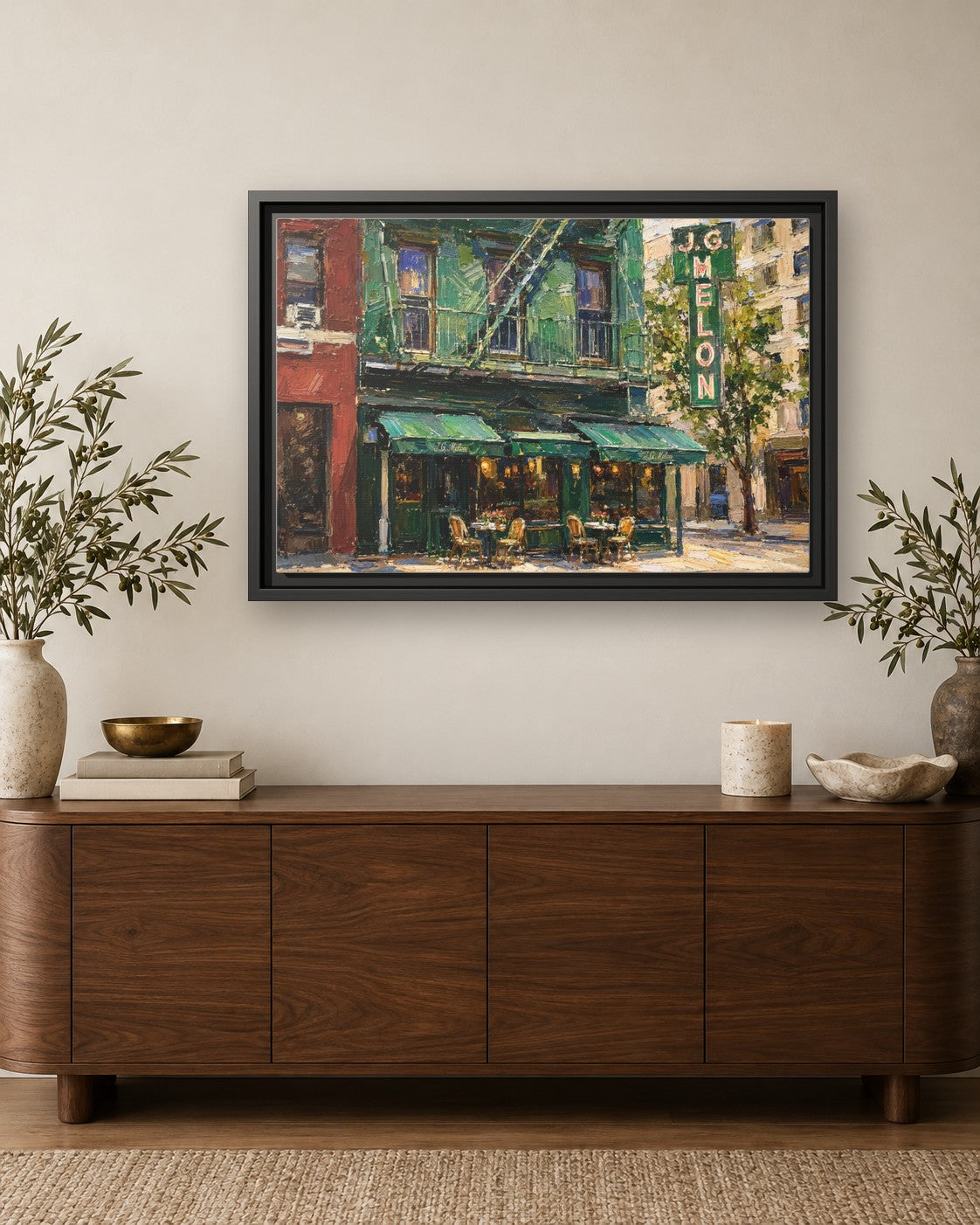 JG Melon framed canvas print hanging above a credenza