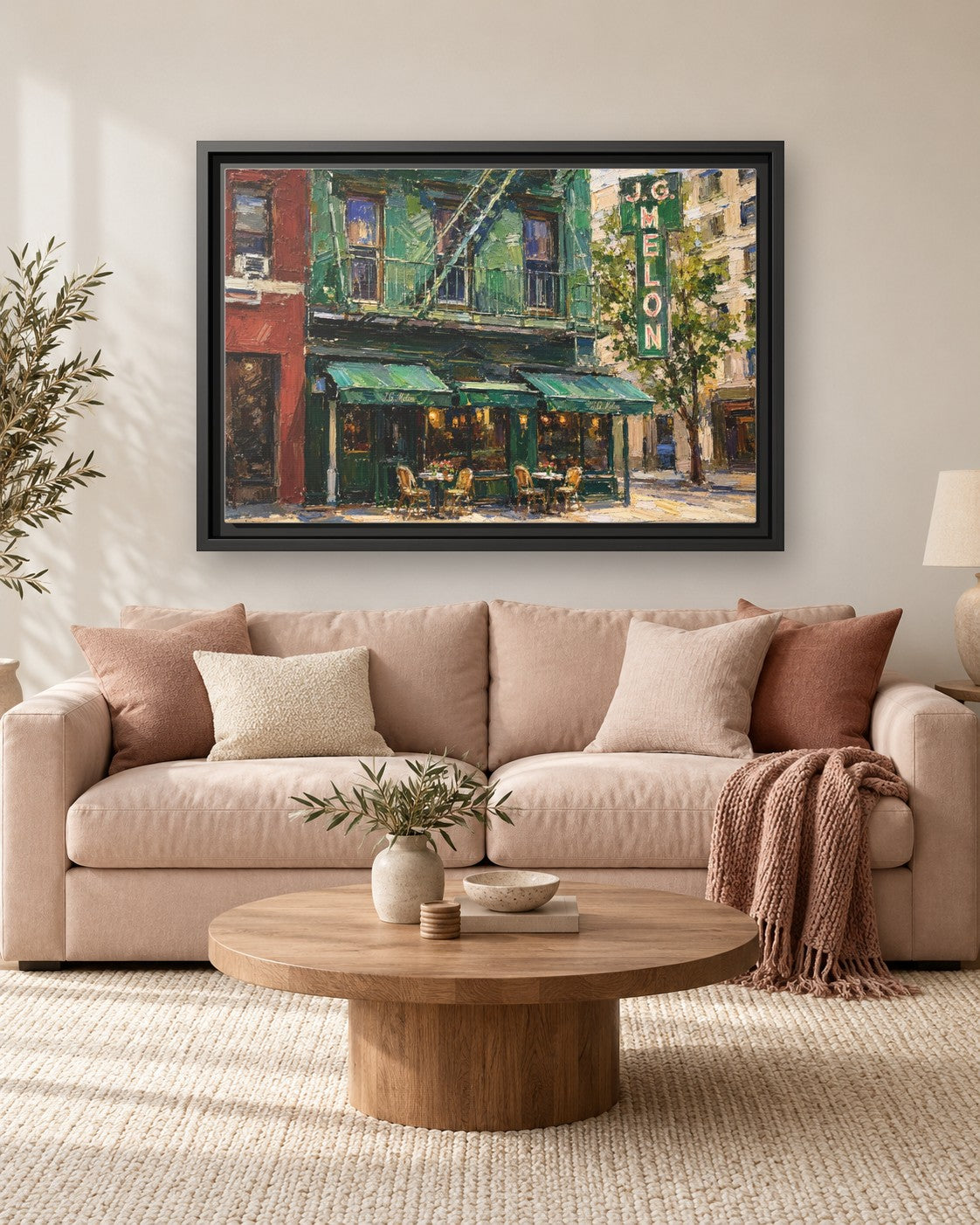 JG Melon framed canvas print hanging above a sofa