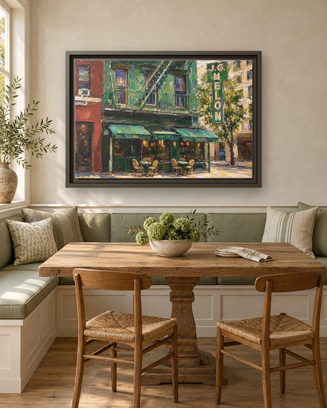 JG Melon framed canvas print in a breakfast nook