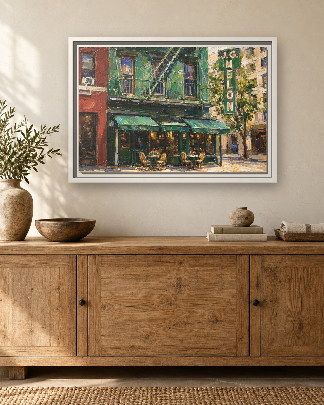 JG Melon framed canvas print hanging above a sideboard