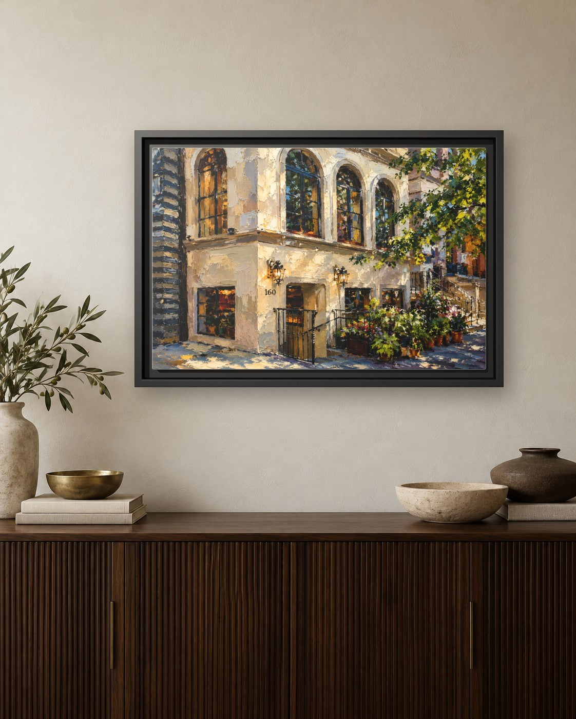 JoJo by Jean-Georges framed canvas print hanging above a credenza