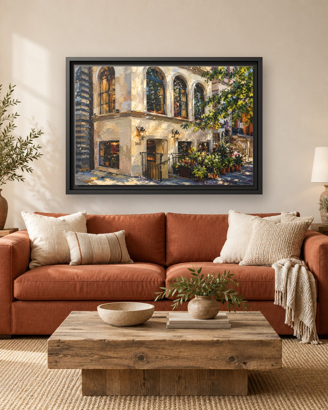 JoJo by Jean-Georges framed canvas print hanging above a sofa