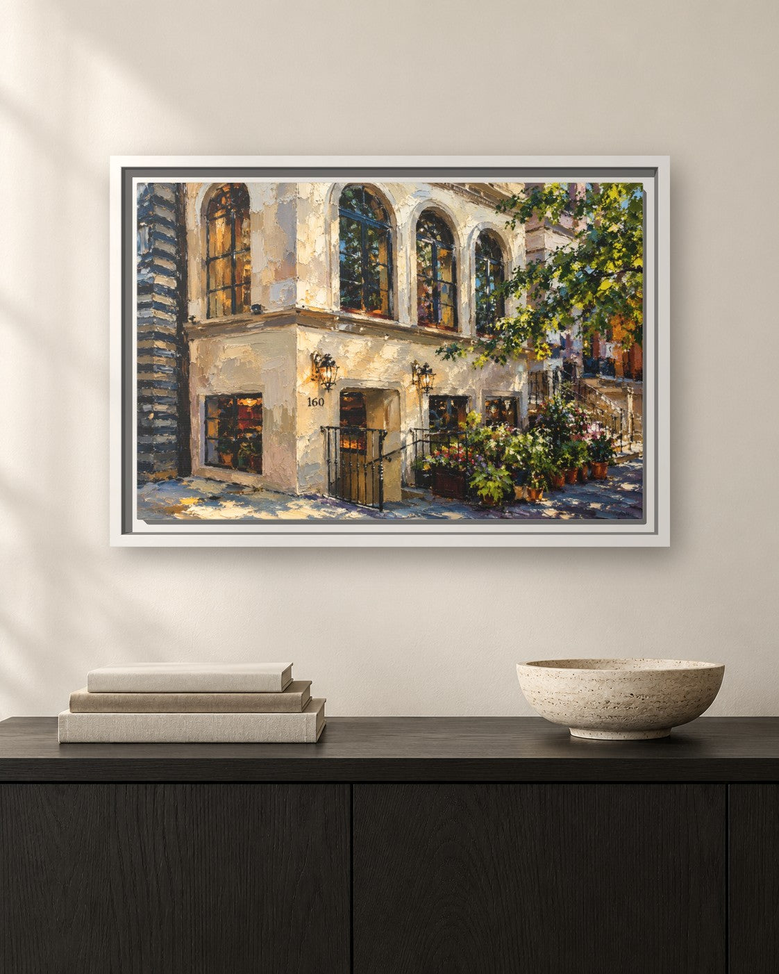 JoJo by Jean-Georges framed canvas print hanging above a sideboard