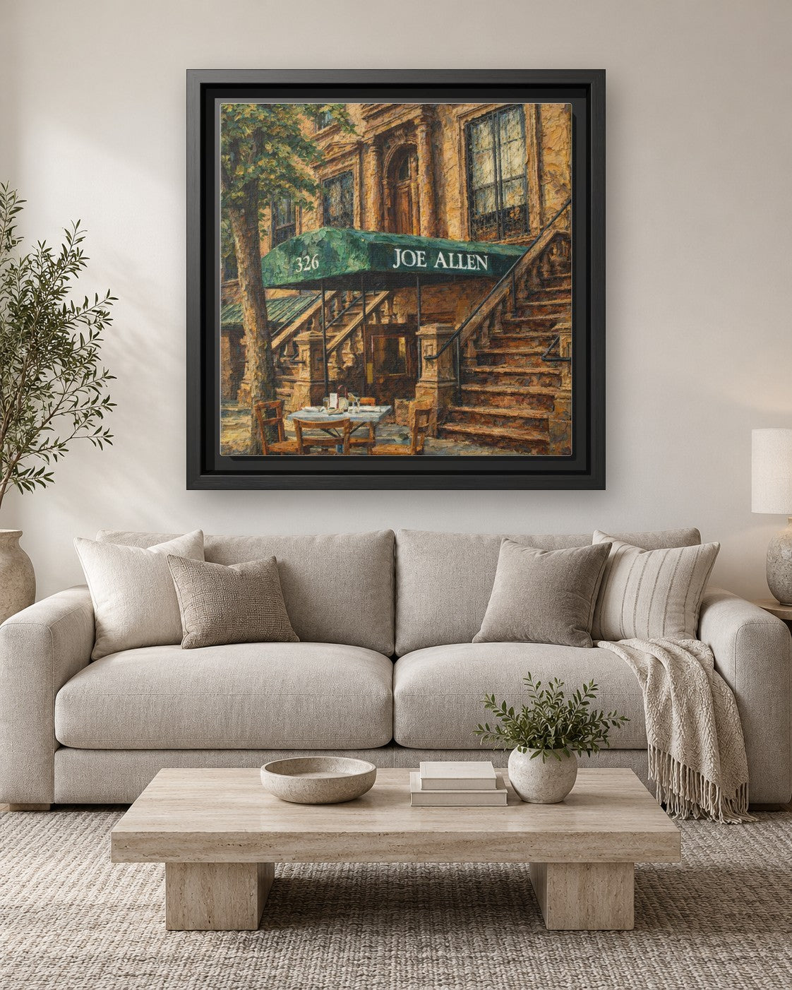 Joe Allen framed canvas print hanging above a sofa