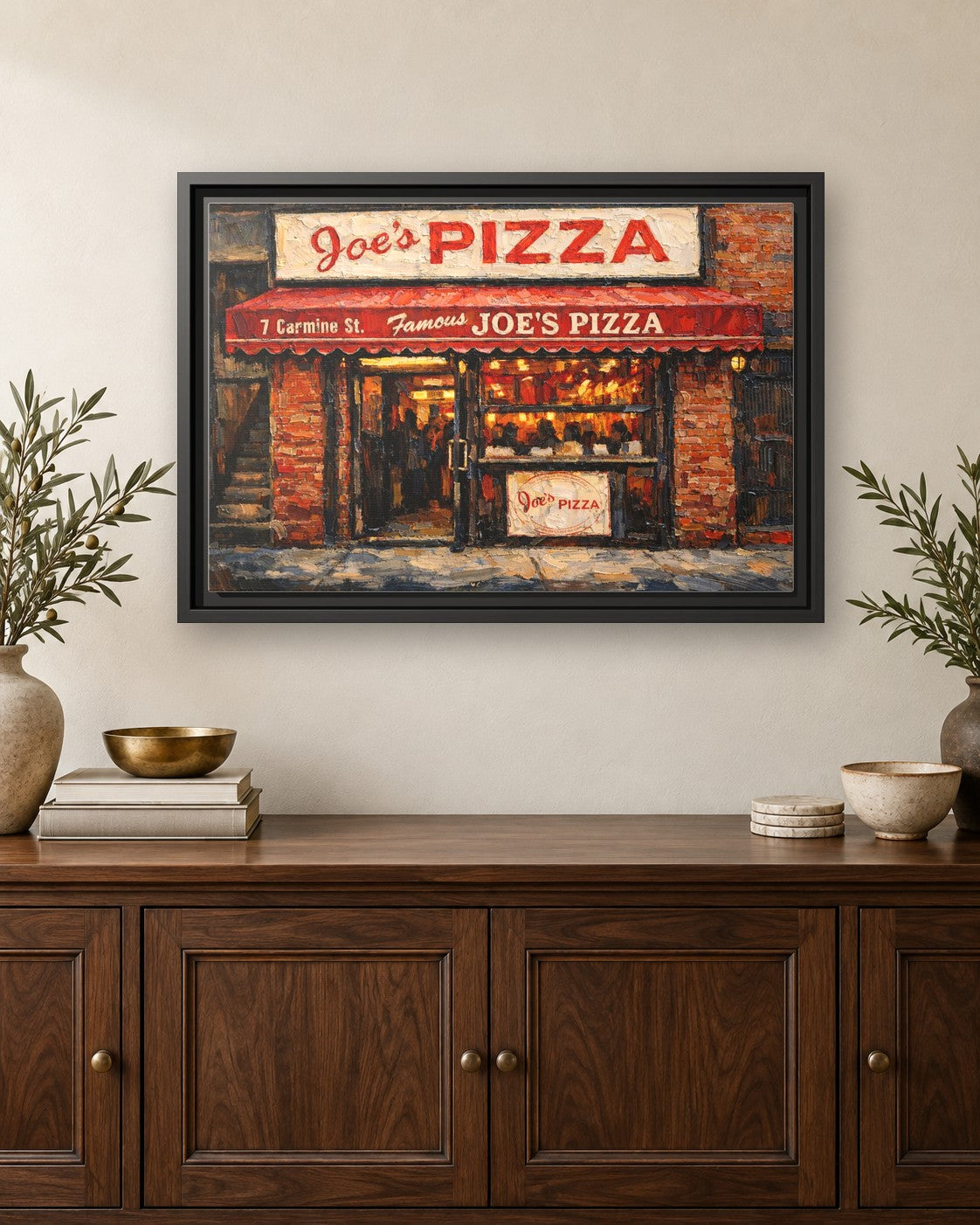 Joe's Pizza II framed canvas print hanging above a credenza
