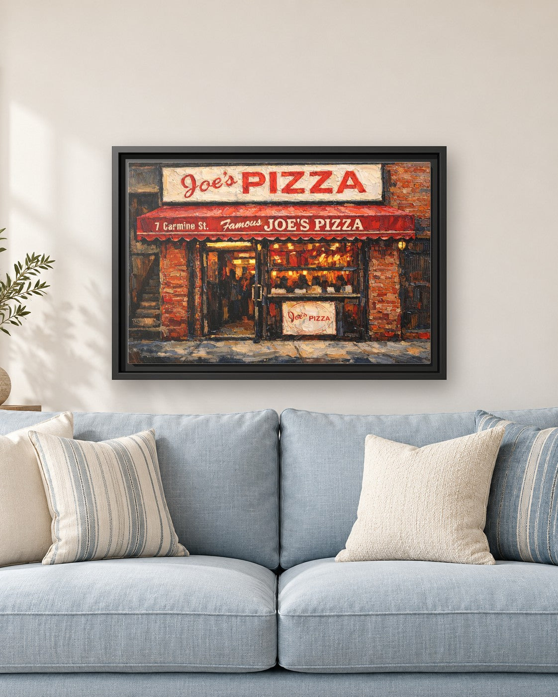 Joe's Pizza II framed canvas print hanging above a sofa