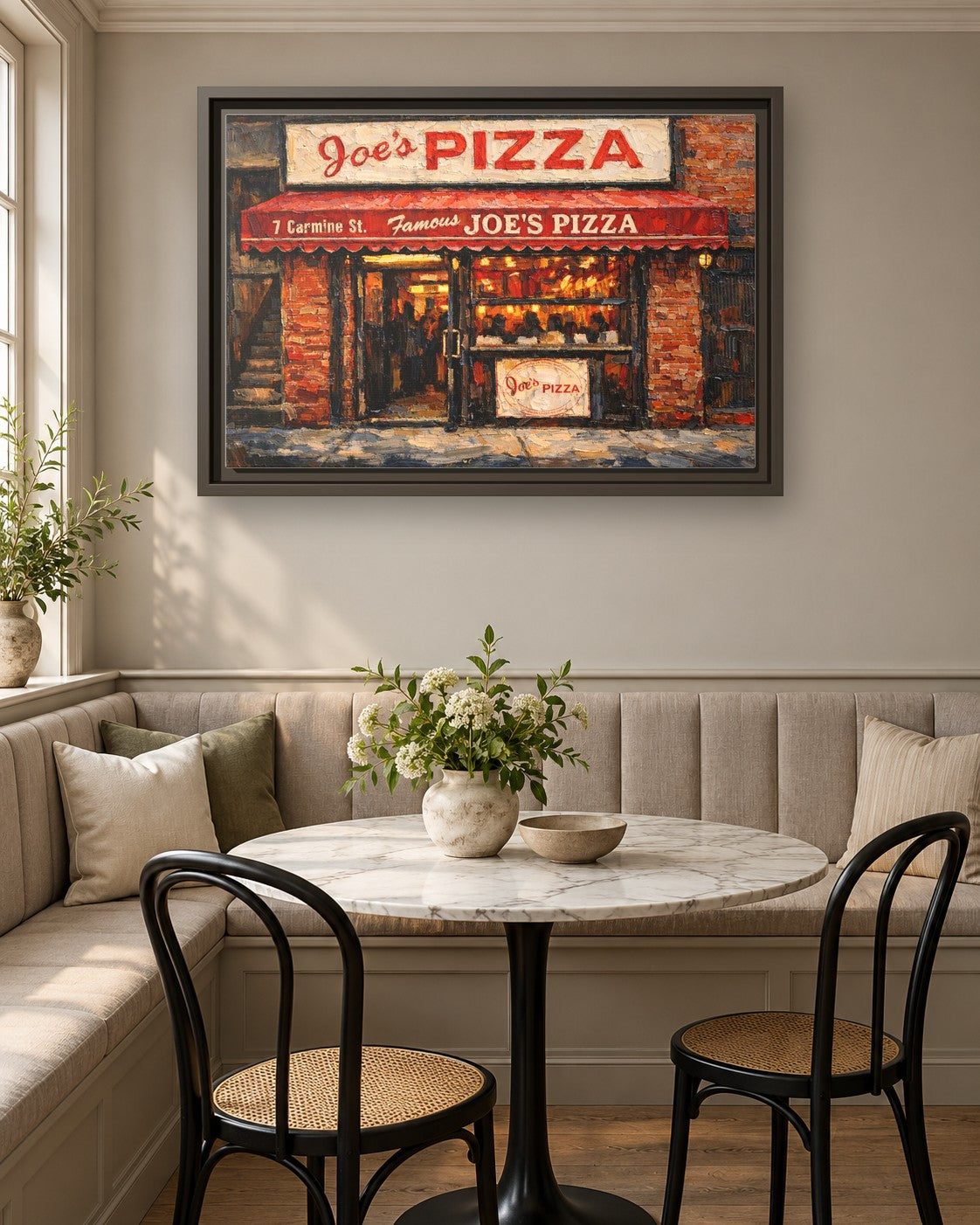 Joe's Pizza II framed canvas print in a breakfast nook