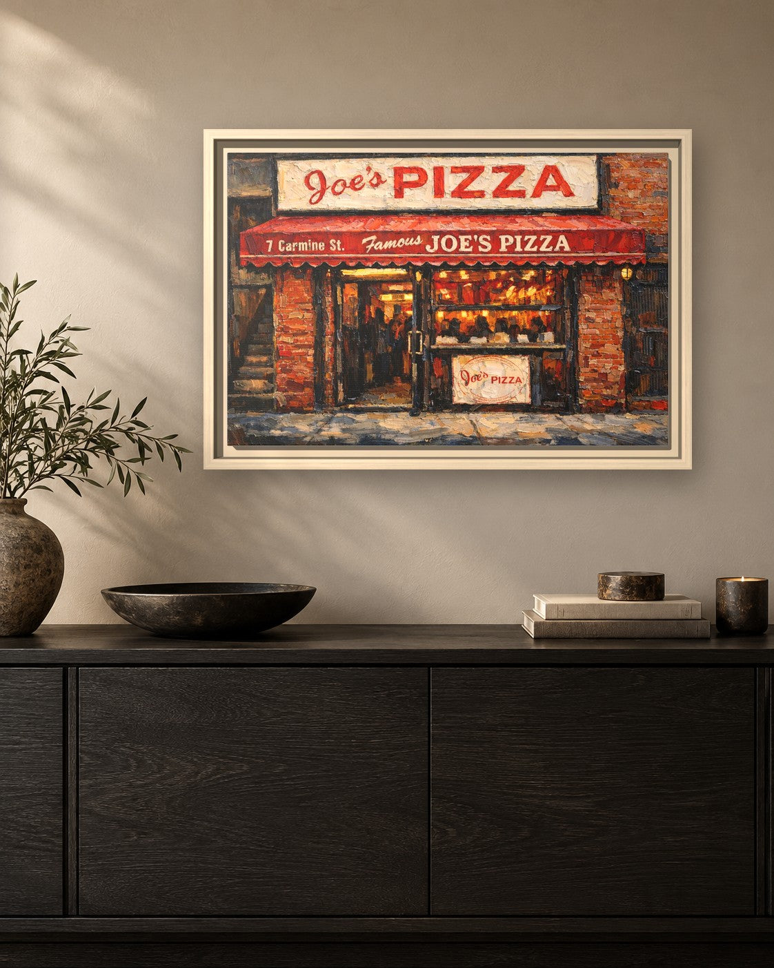 Joe's Pizza II framed canvas print hanging above a sideboard