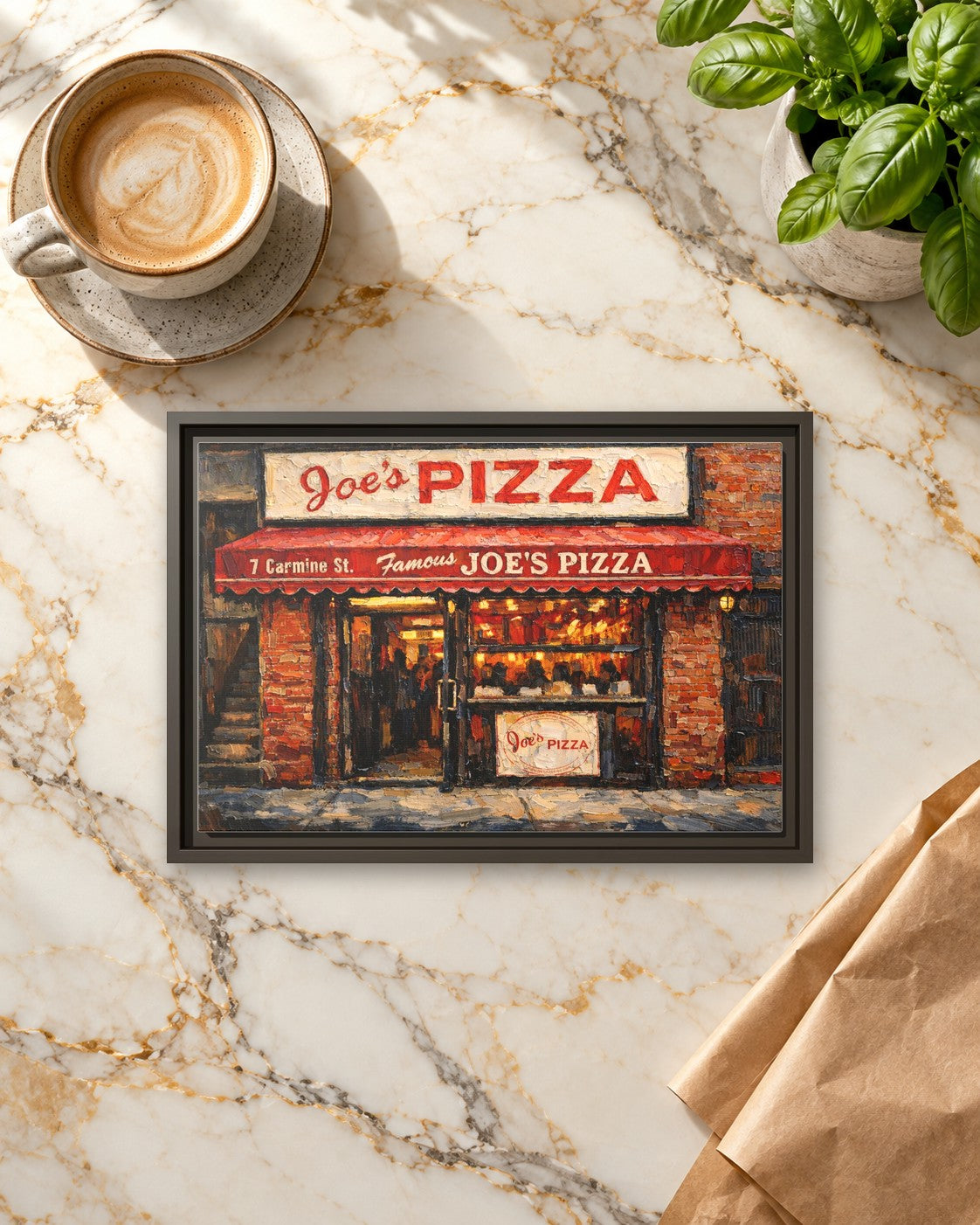 Joe's Pizza II framed canvas print lying on a table