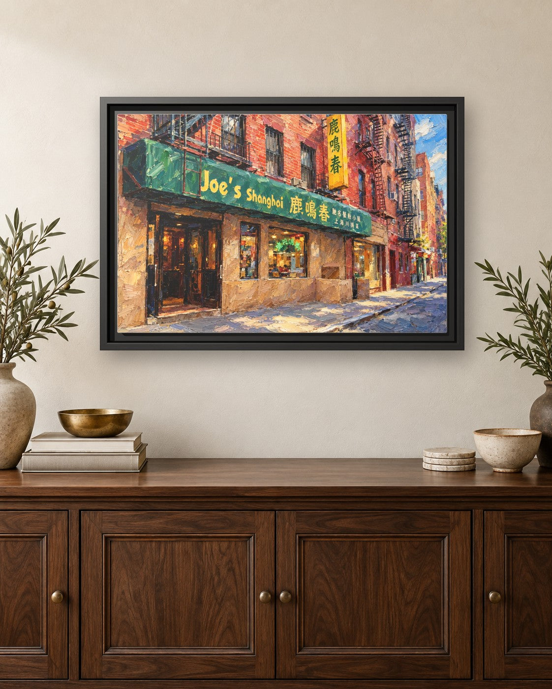 Joe's Shanghai framed canvas print hanging above a credenza
