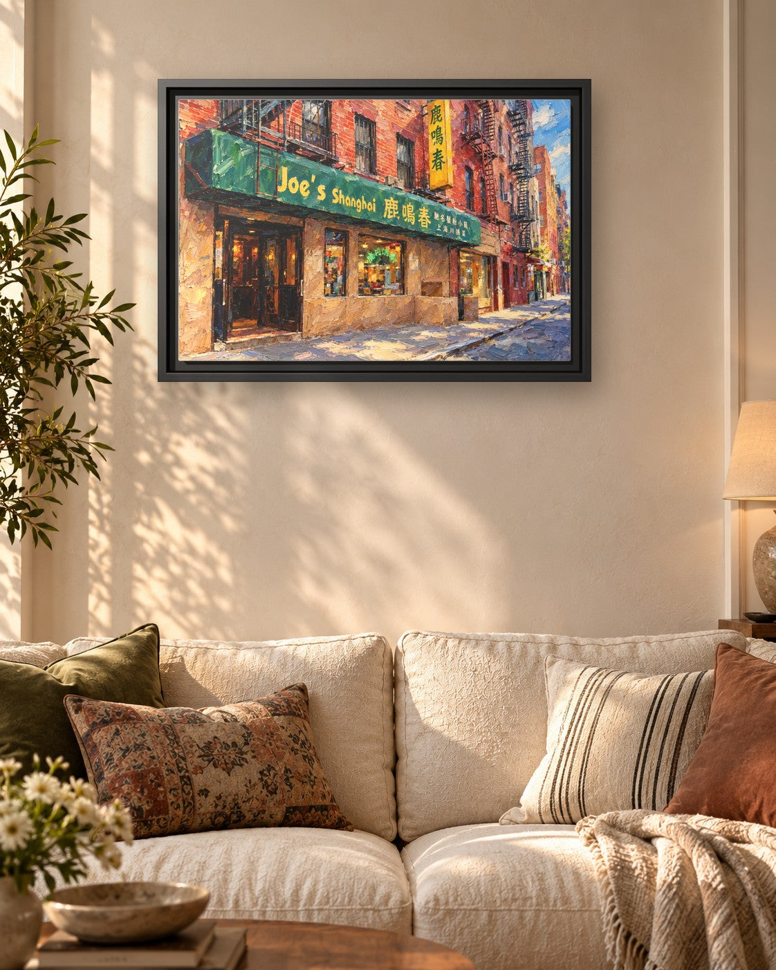 Joe's Shanghai framed canvas print hanging above a sofa