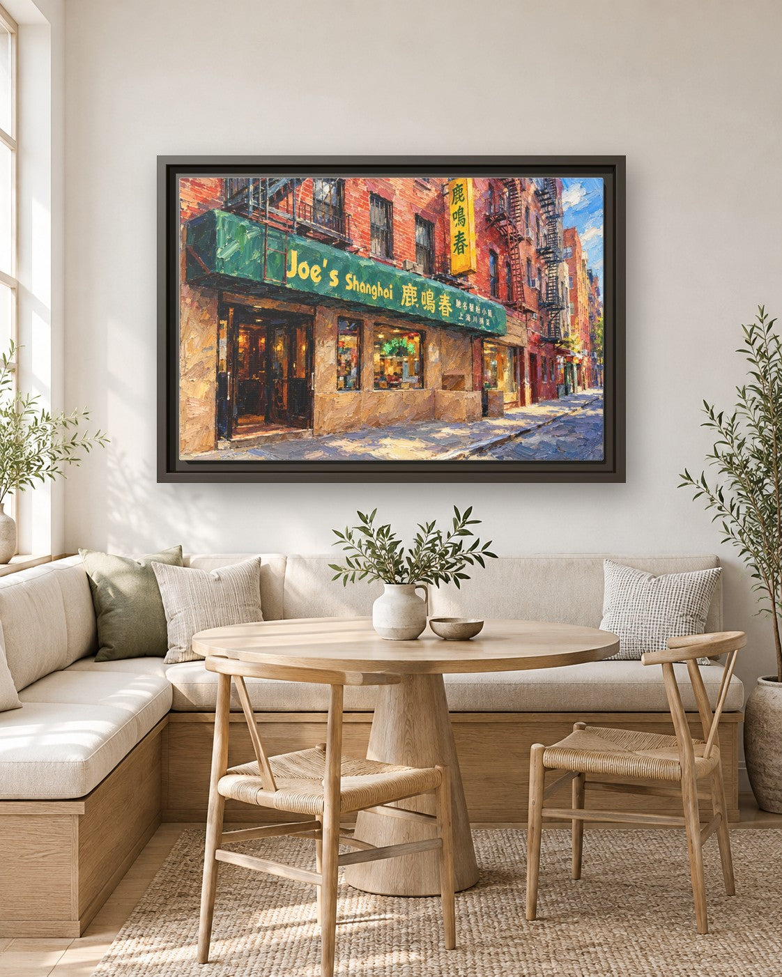 Joe's Shanghai framed canvas print in a breakfast nook