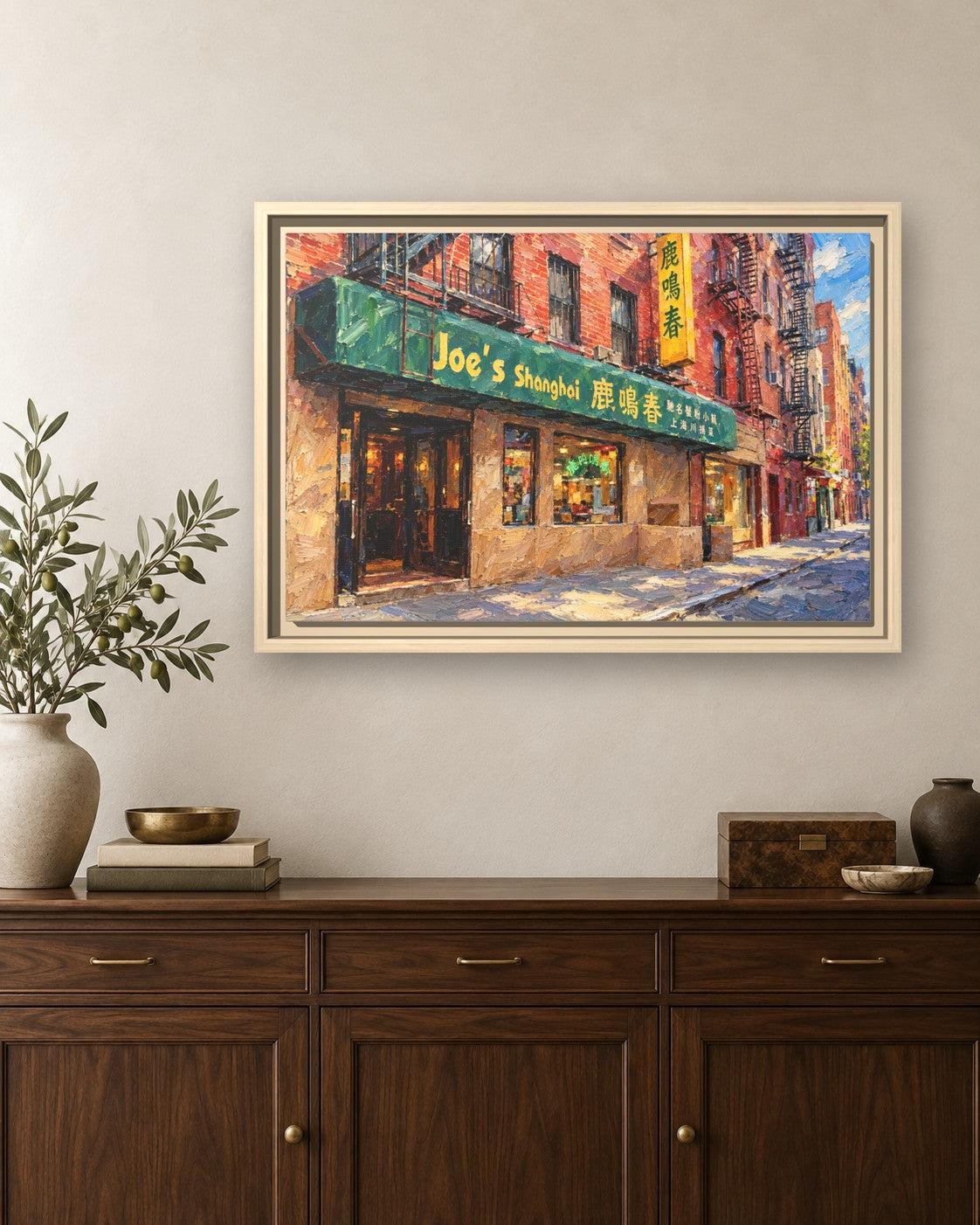 Joe's Shanghai framed canvas print hanging above a sideboard