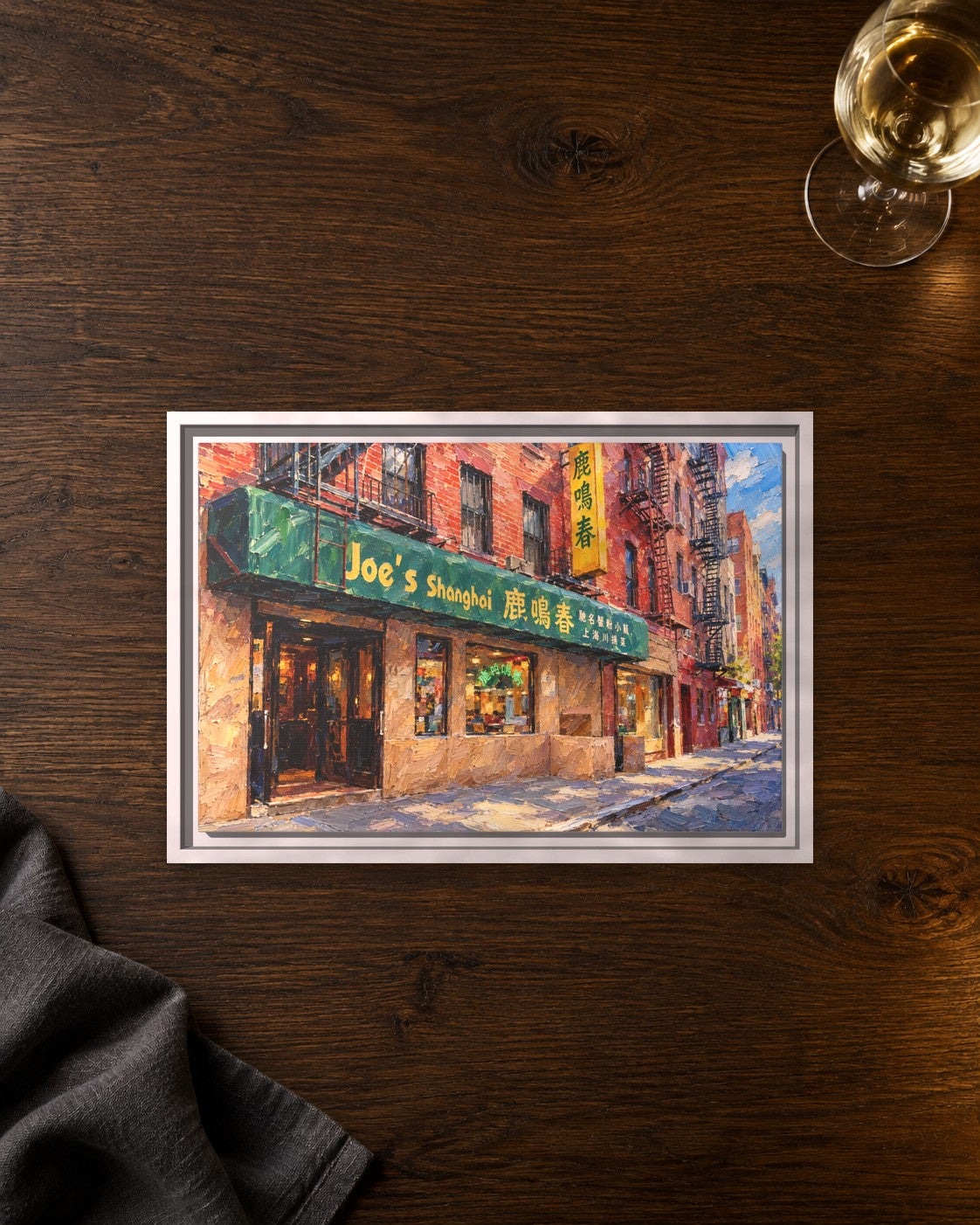 Joe's Shanghai framed canvas print lying on a table
