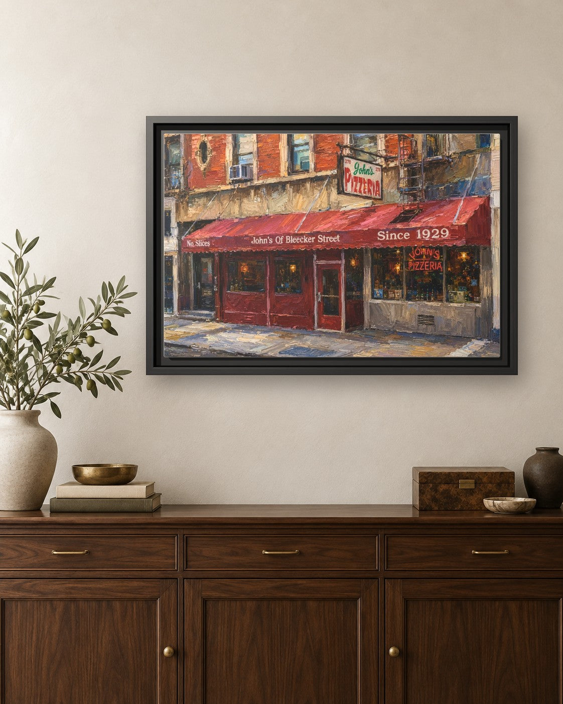 John's of Bleecker Street framed canvas print hanging above a credenza