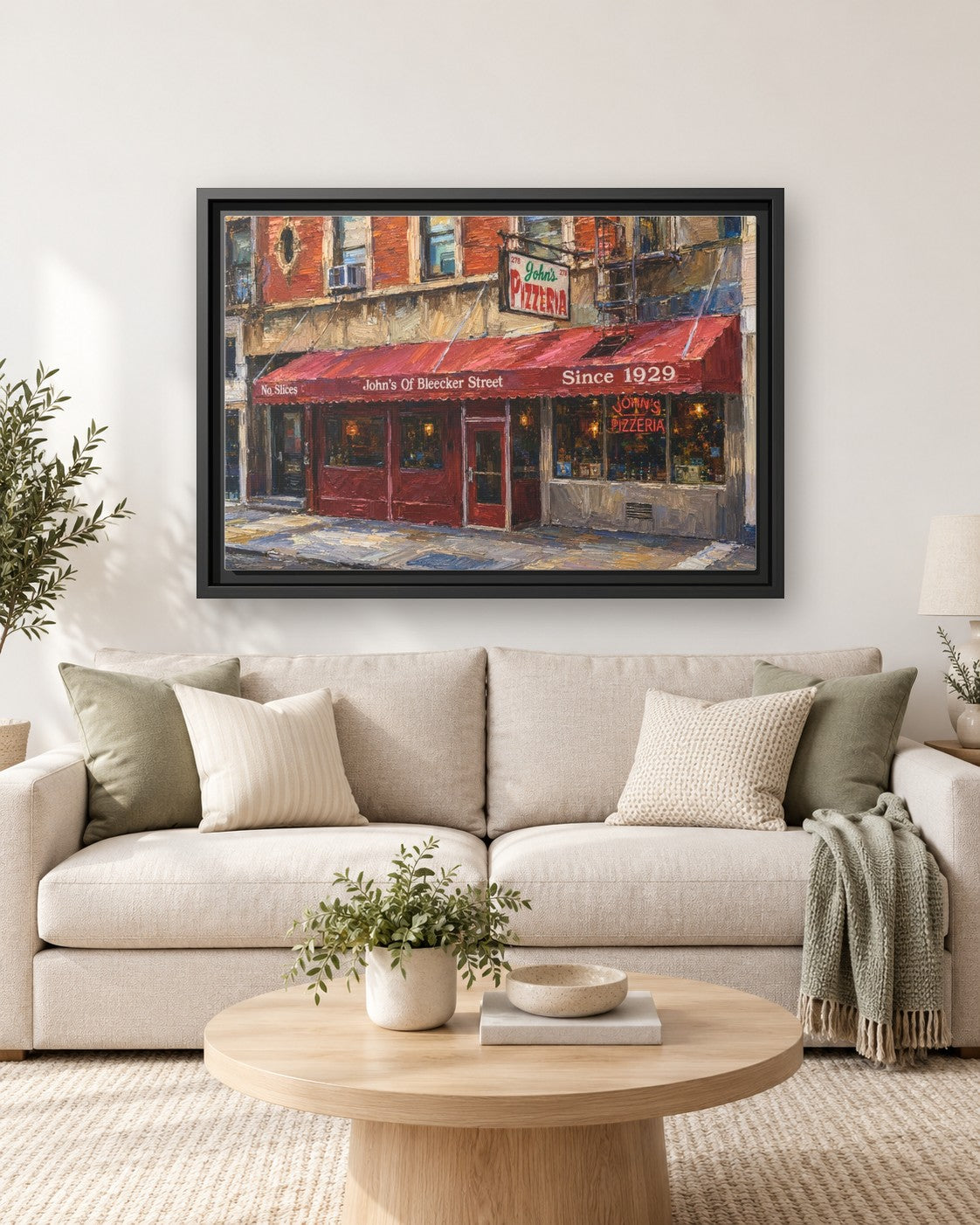 John's of Bleecker Street framed canvas print hanging above a sofa